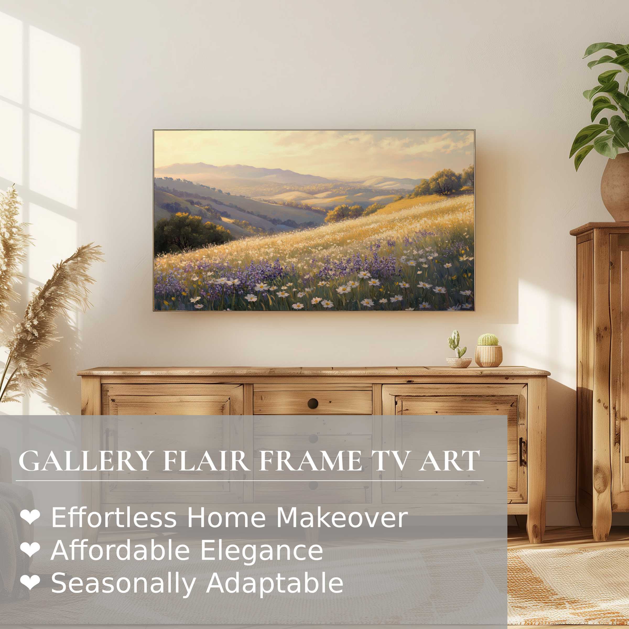 Samsung Frame TV displaying serene landscape digital artwork in a warm, elegant living room setting with natural decor