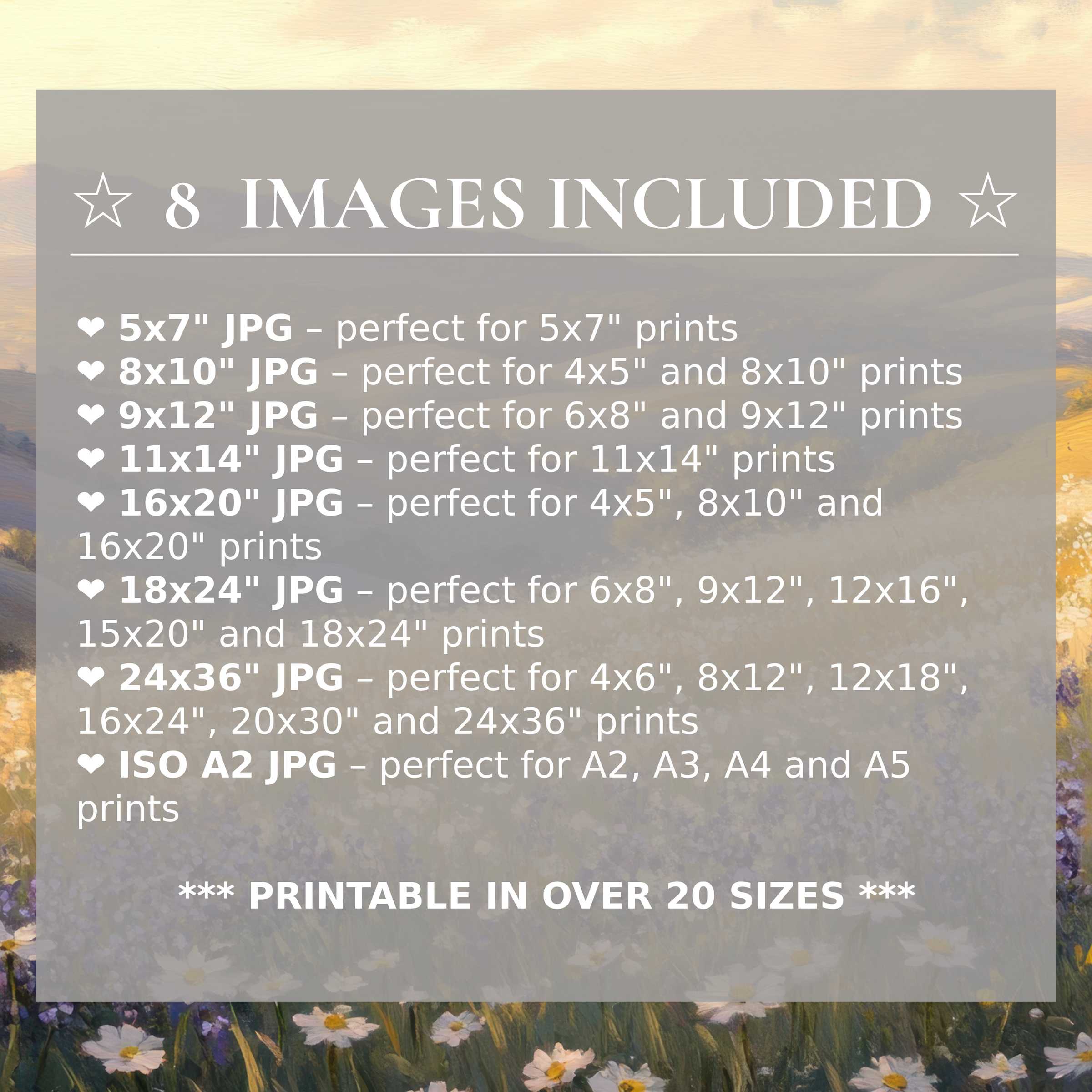 Radiant landscape digital print enriched with soft lilacs and warm golds, elevating modern interiors with 8 high-quality sizes included