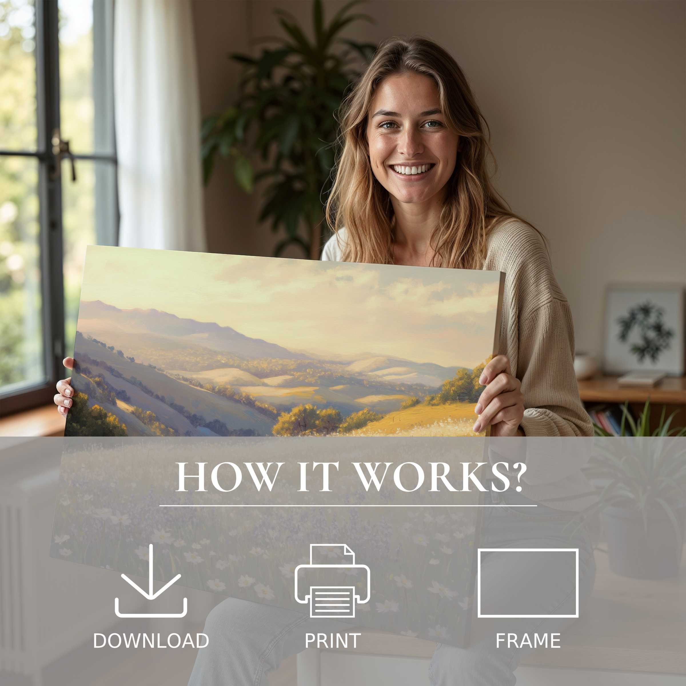 Radiant joy in a modern home as a landscape digital art print captures serene hills, inspiring effortless elegance in every space