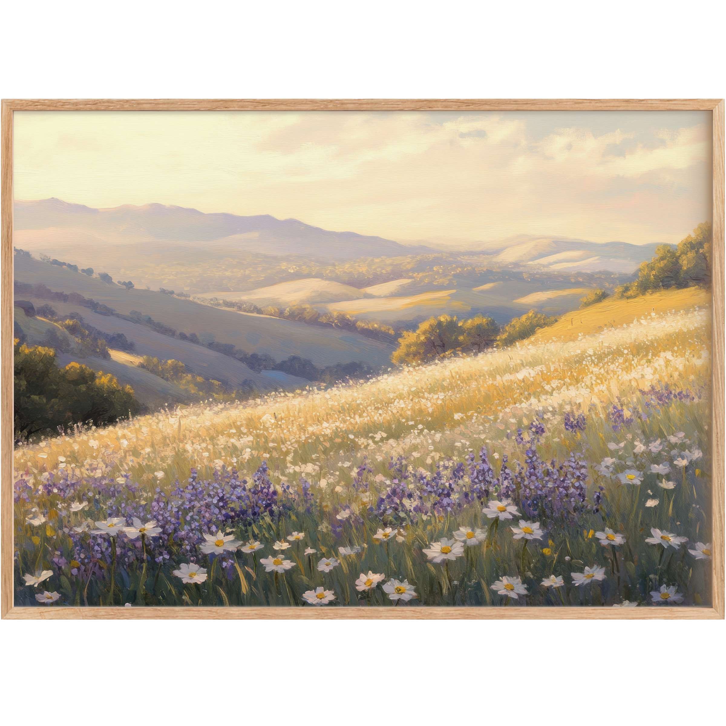 Serene landscape printable wall art capturing golden hills and soft lavender blooms, radiating warm tranquility and timeless elegance