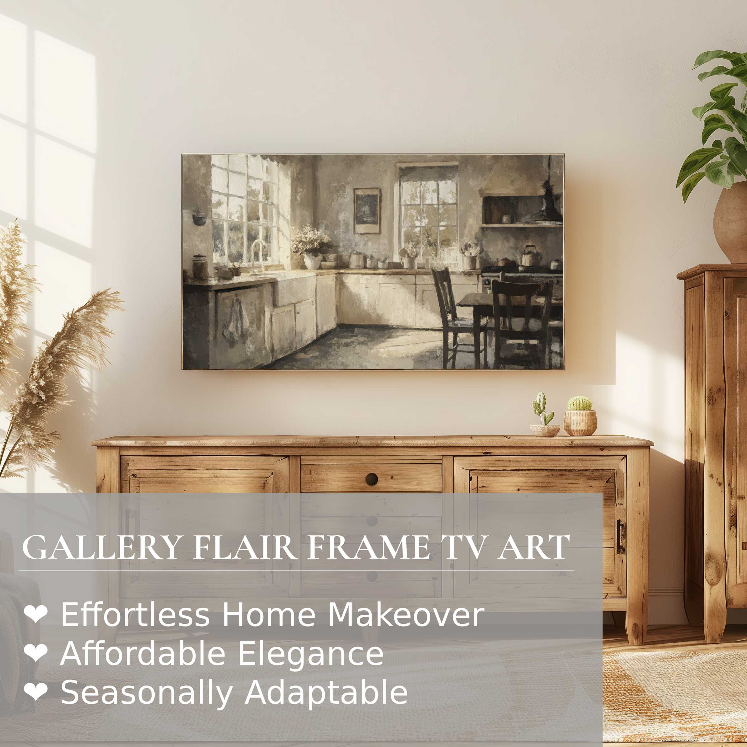 Samsung Frame TV displaying muted farmhouse digital artwork in a sunlit, rustic-modern living space