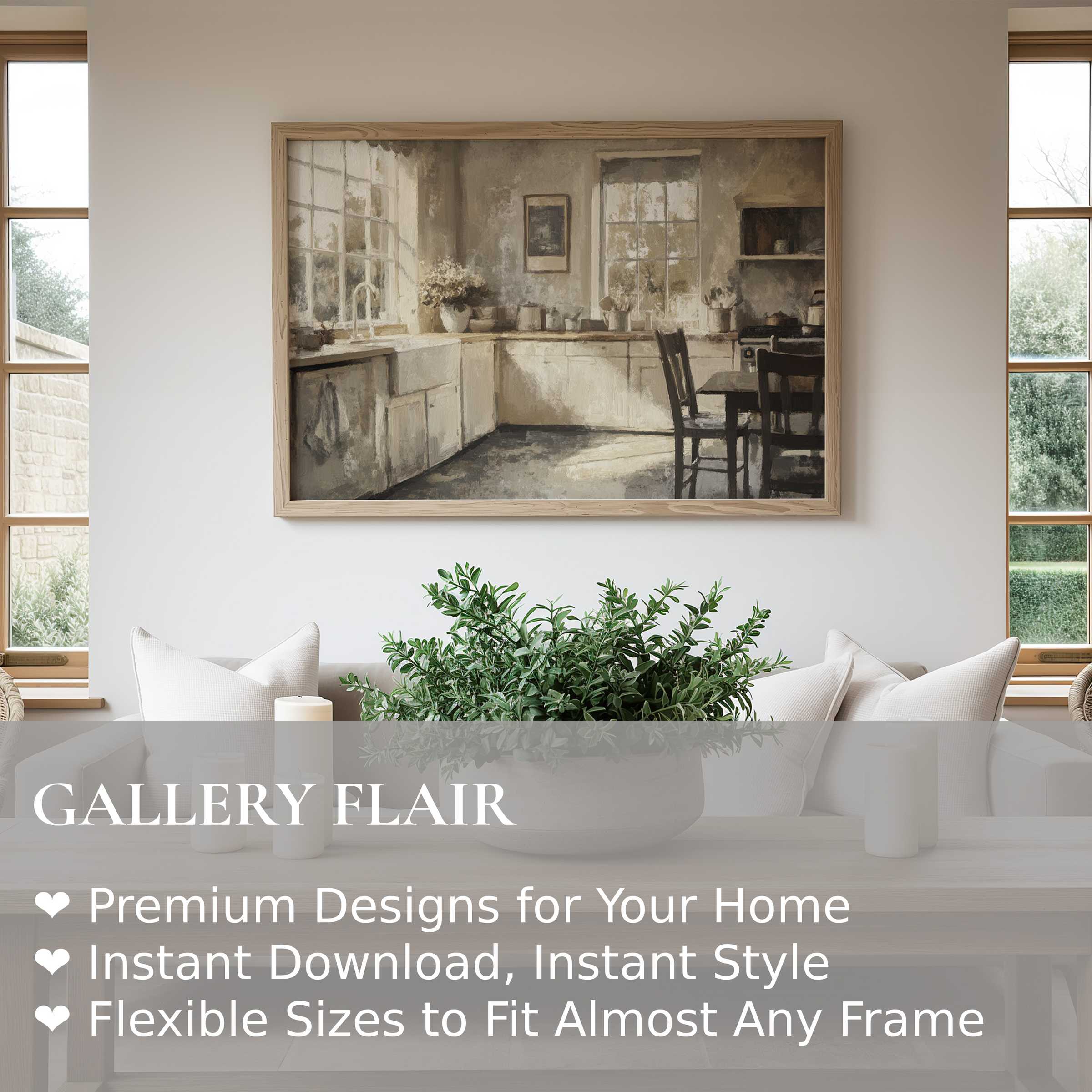 Farmhouse wall art print of a serene rustic kitchen scene, blending soft neutrals with warm textures to elevate modern farmhouse interiors