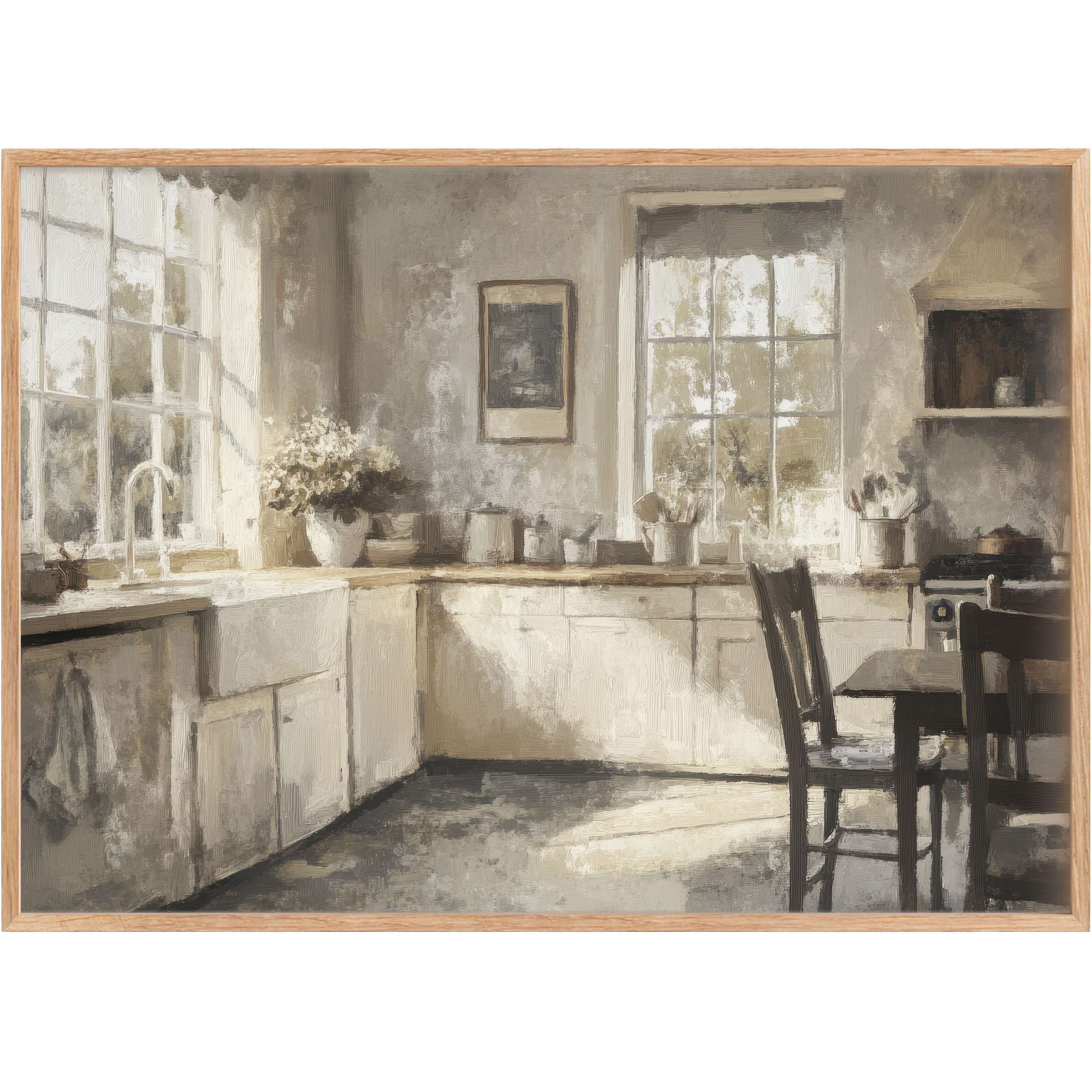 Sunlit farmhouse printable wall art in soft neutrals and muted greys, evoking warm, calming rustic elegance