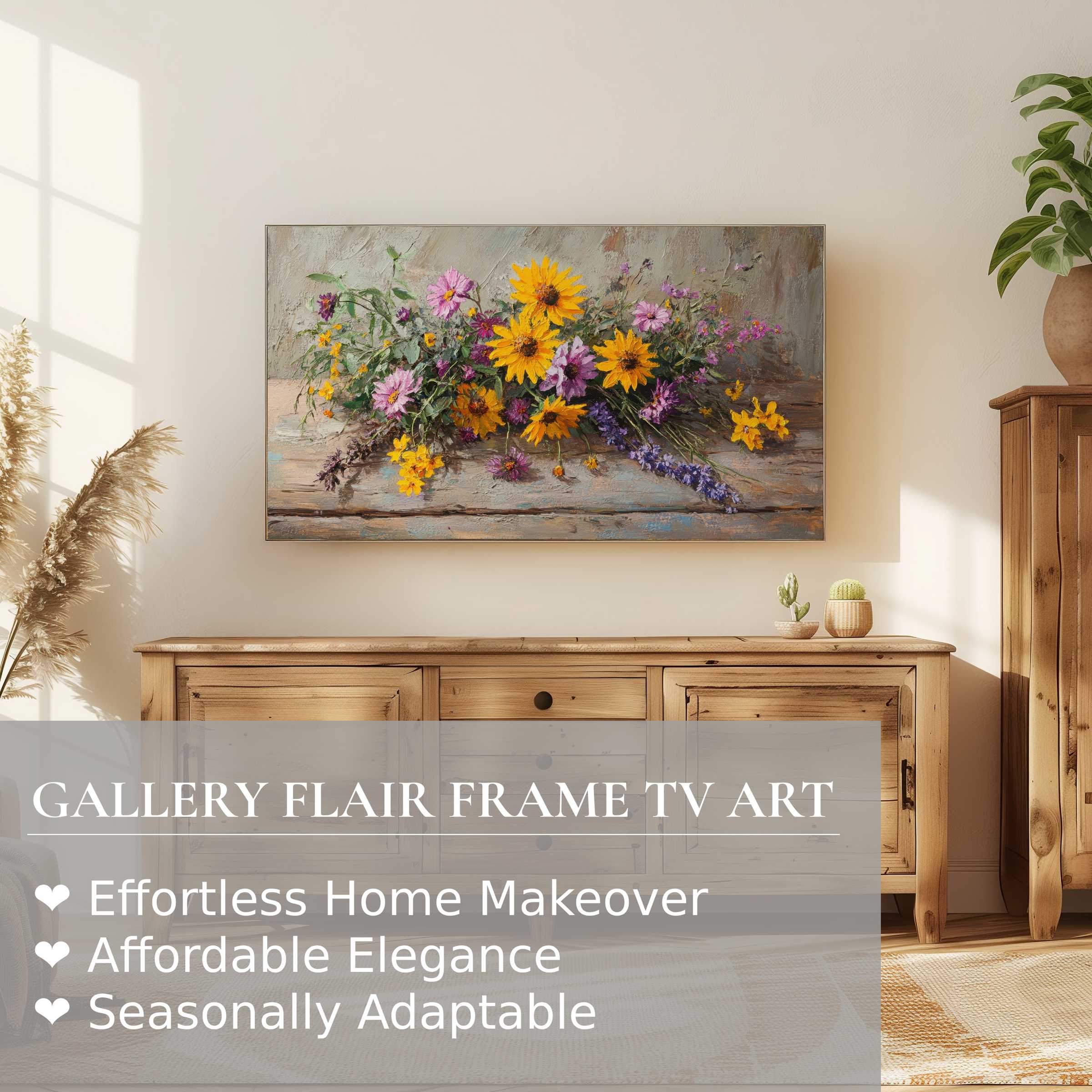 Samsung Frame TV displaying elegant floral digital artwork in a warm, modern living space with natural wood