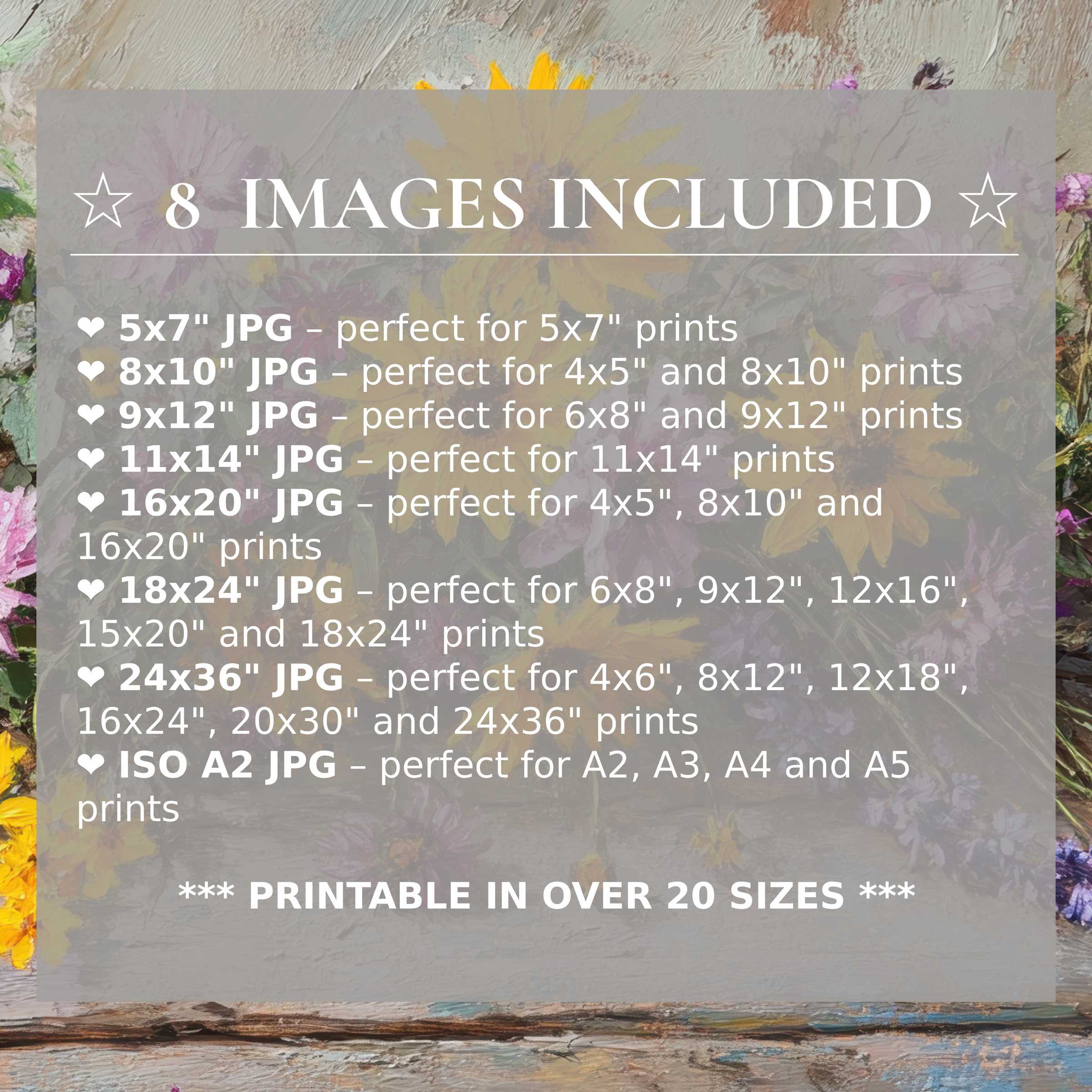 Floral digital print radiates vibrant yellows and soft purples, delivering calming elegance in 8 high-resolution sizes included