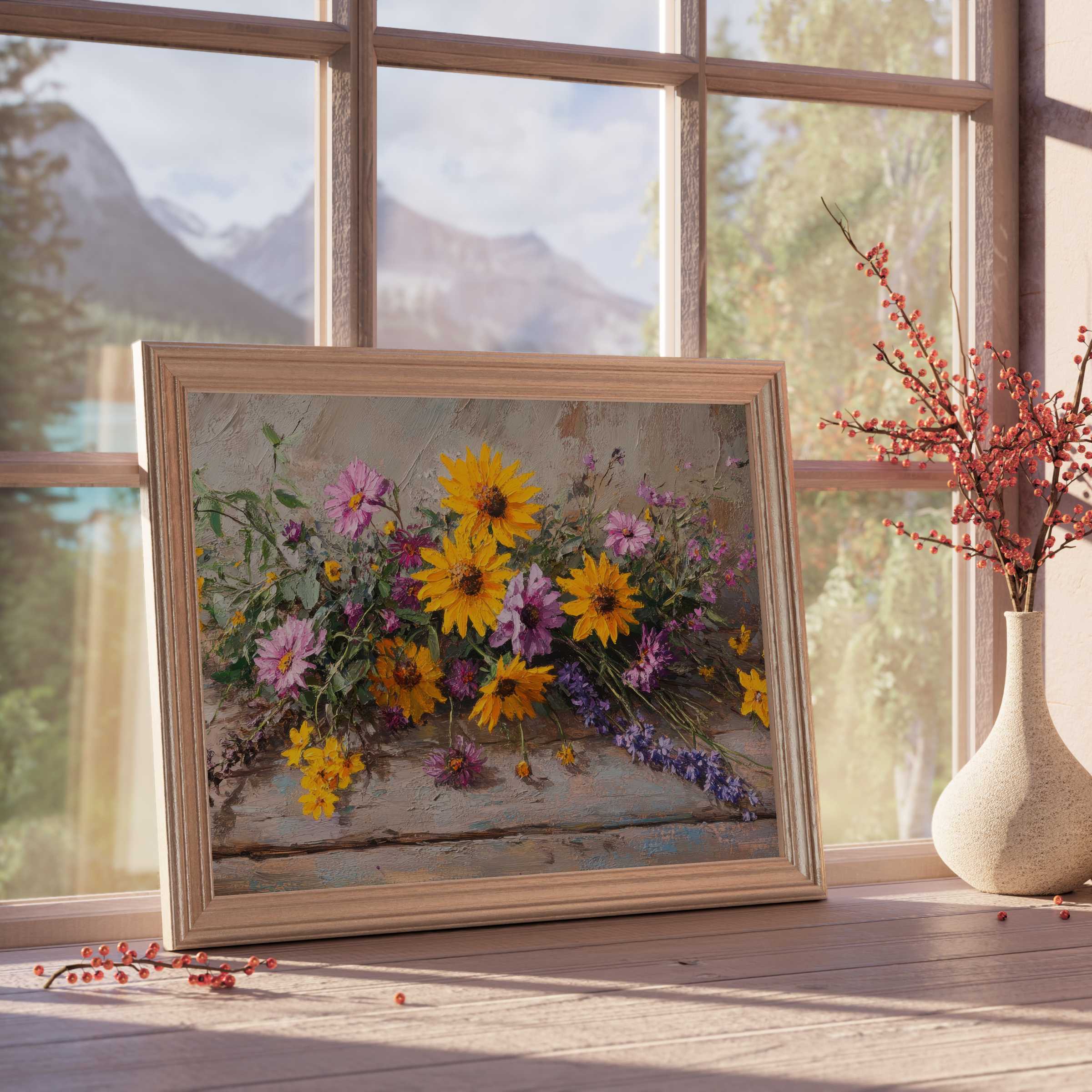 Floral downloadable art with vibrant sunflowers and wildflowers, enriching tranquil, curated interiors with warm, rustic elegance