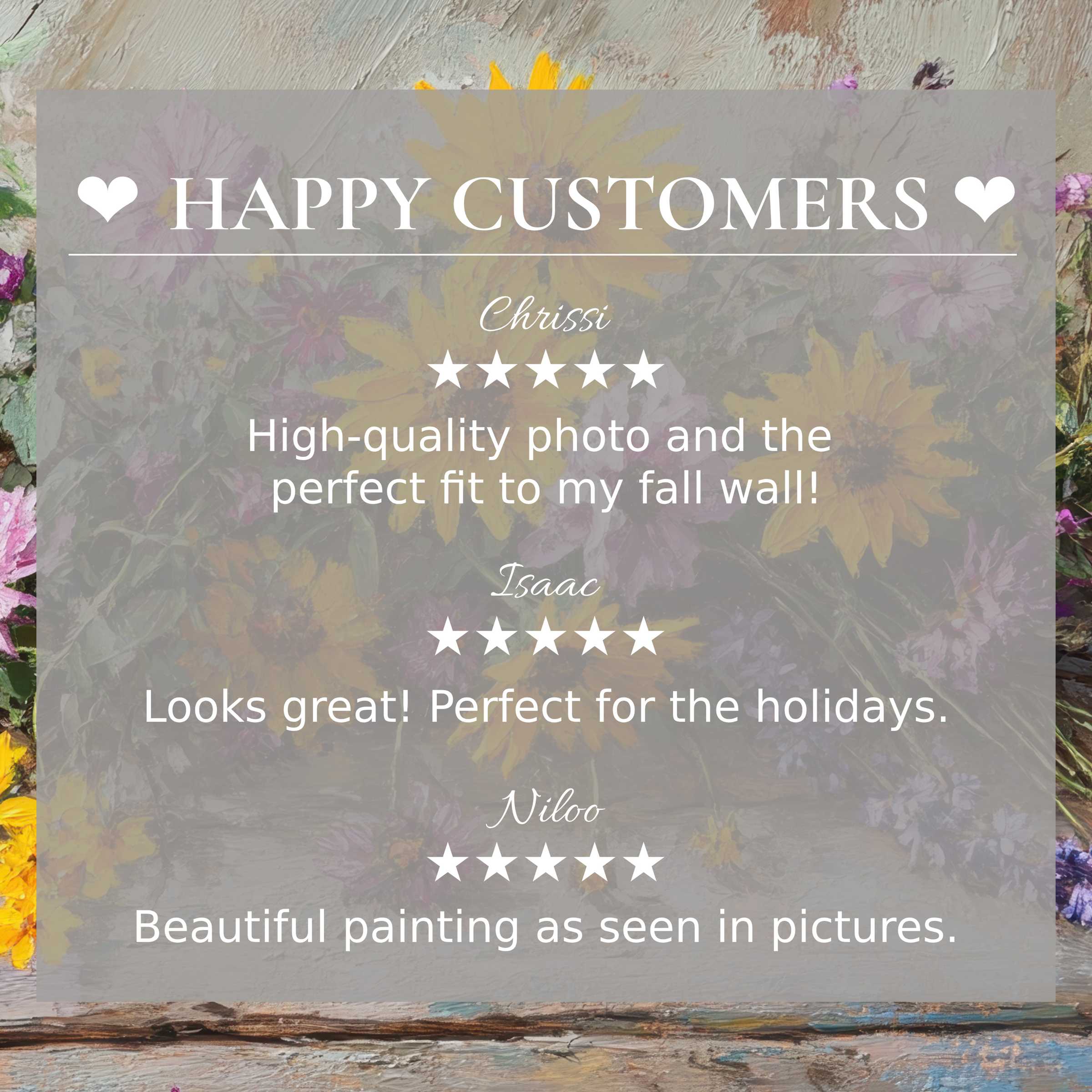 Refined floral art for Frame TV with an elegant sunset-hued background and glowing happy customer reviews