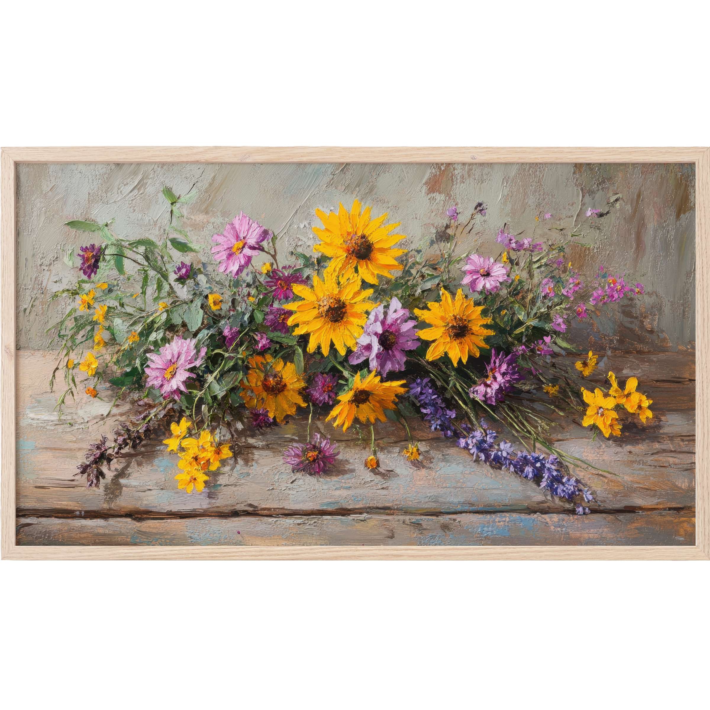 Floral Frame TV Art with textured brushstrokes, vibrant yellow and purple blooms on muted rustic wood background