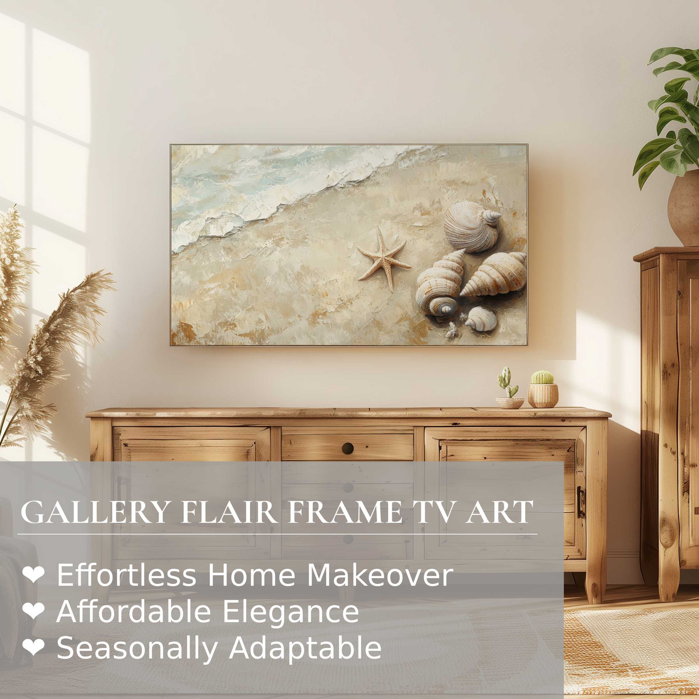 Samsung Frame TV displays refined coastal digital artwork with seashells, blending elegance with modern home decor
