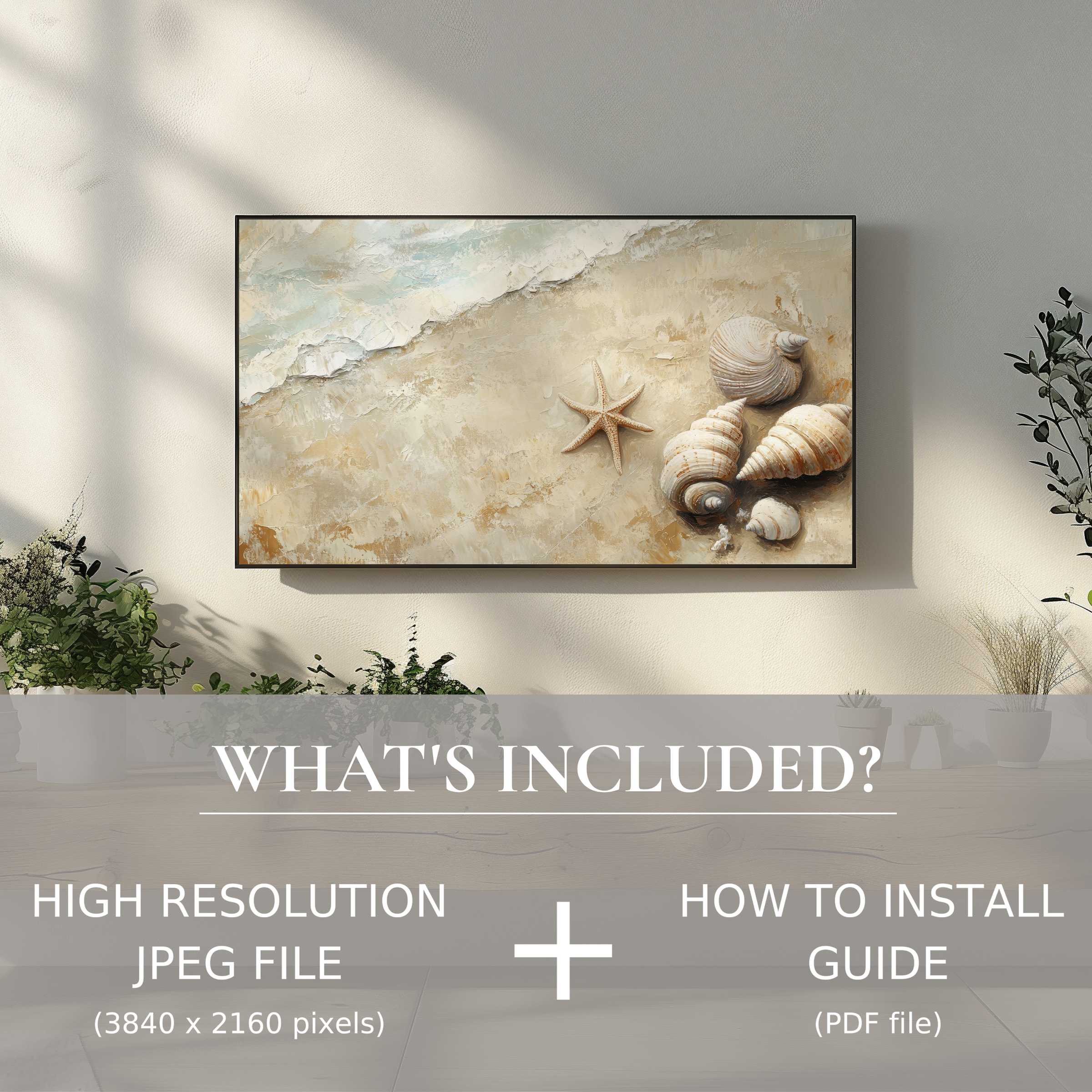 Elegant coastal digital TV art download showcasing shells, easy to use digitally, enhancing modern living spaces with serene style