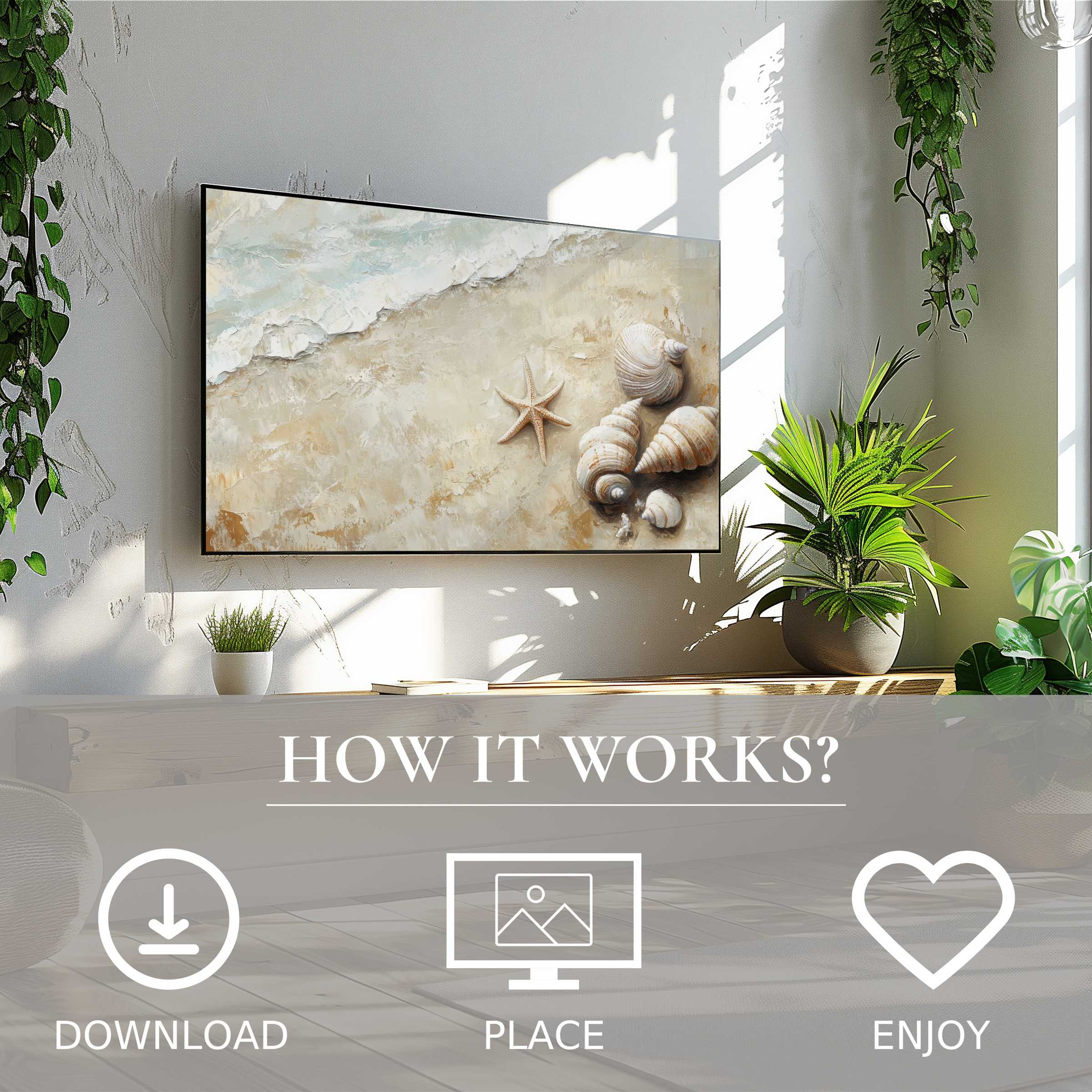Coastal art for Samsung TV showing soft sand and shells; easy digital download enriches modern living spaces