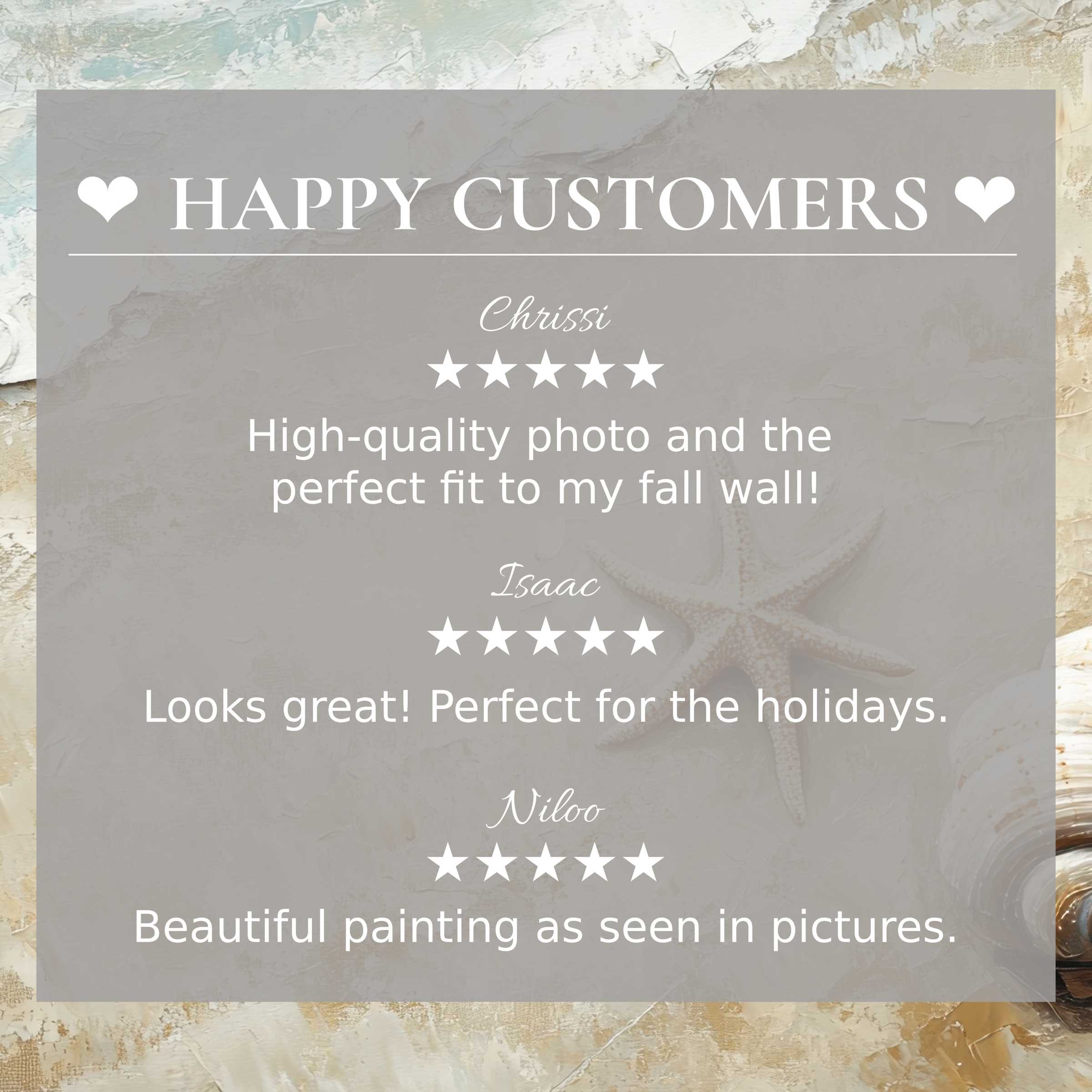 Coastal art for Frame TV with subtle starfish background, showcasing happy customer reviews and elegant trust-building design