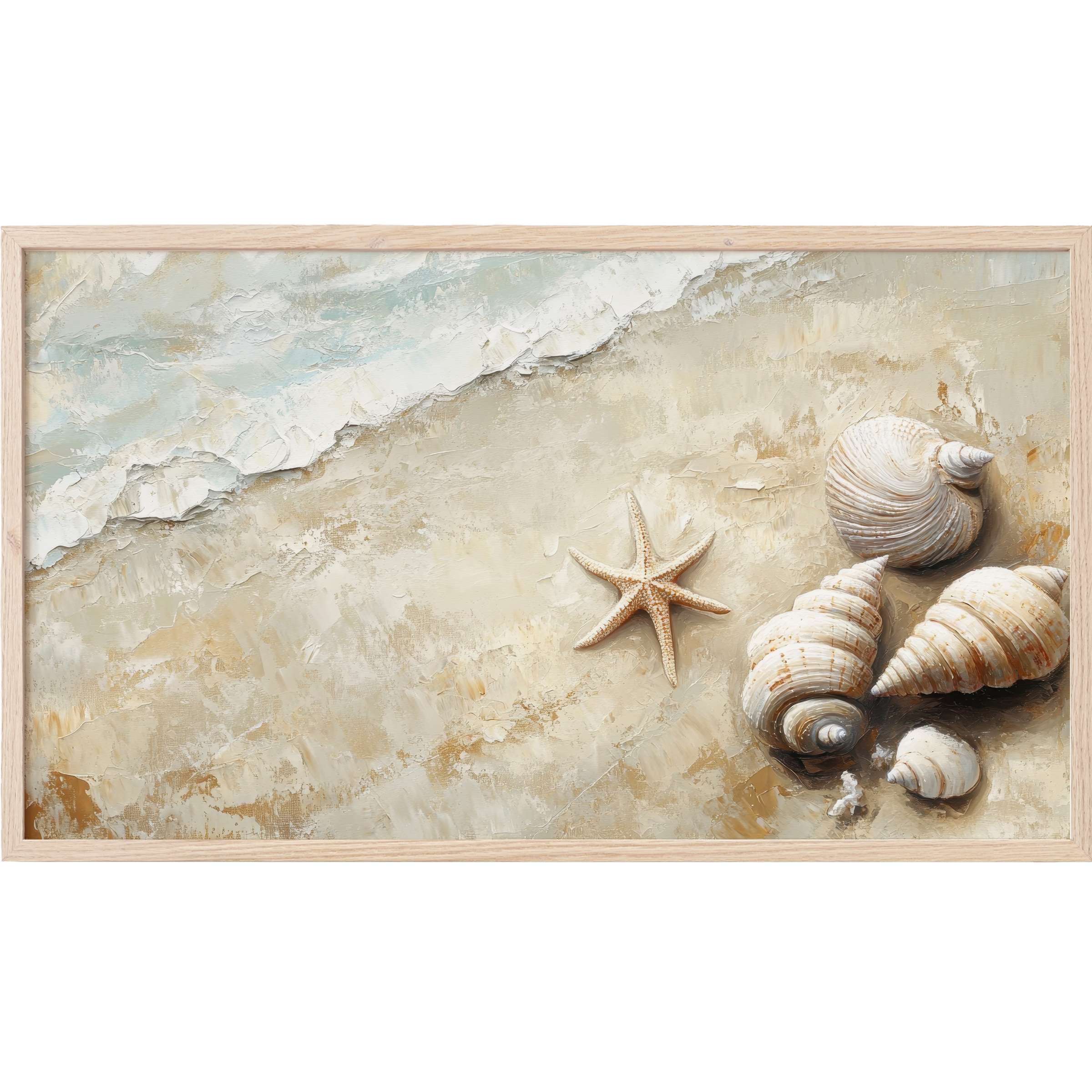 Coastal Frame TV Art with textured seashells and starfish on sandy beach in soft neutrals and serene blues