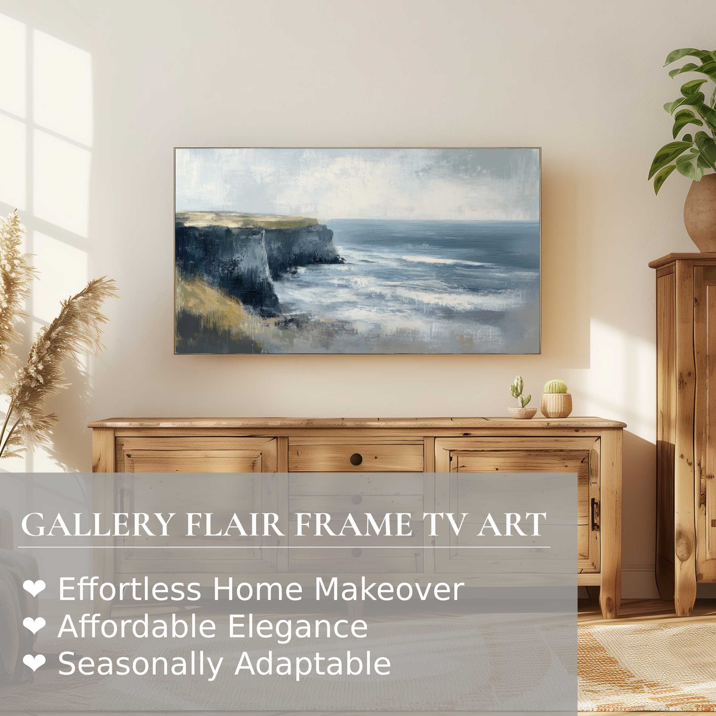Samsung Frame TV displaying serene summer digital artwork of coastal cliffs in a modern, elegant living space