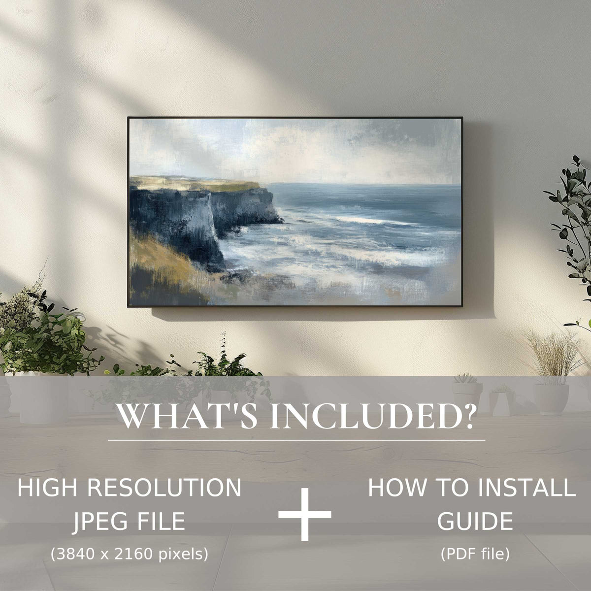 Elegant summer digital TV art download of coastal waves enhances living spaces with easy digital display and style