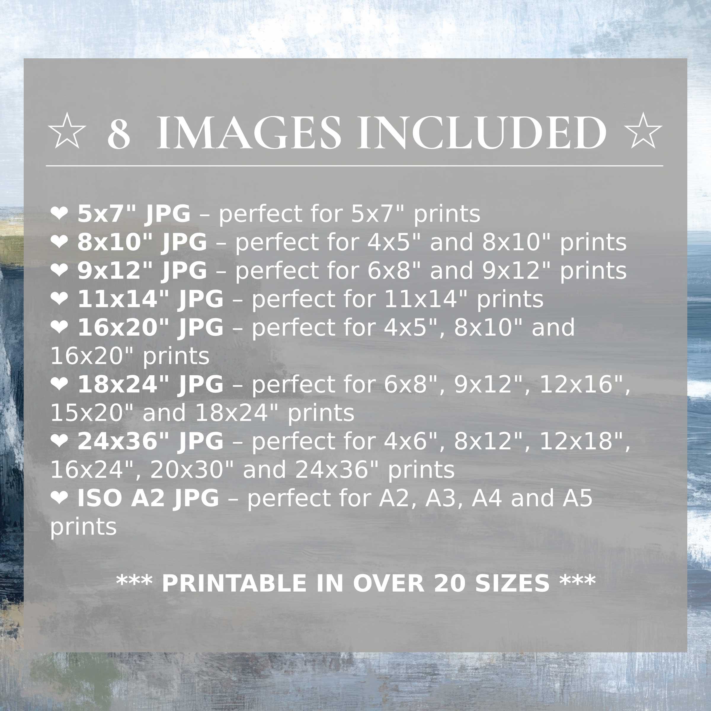 Radiant summer digital print in serene blues and muted greens, elevating modern interiors with style and calm Includes 8 high-quality sizes