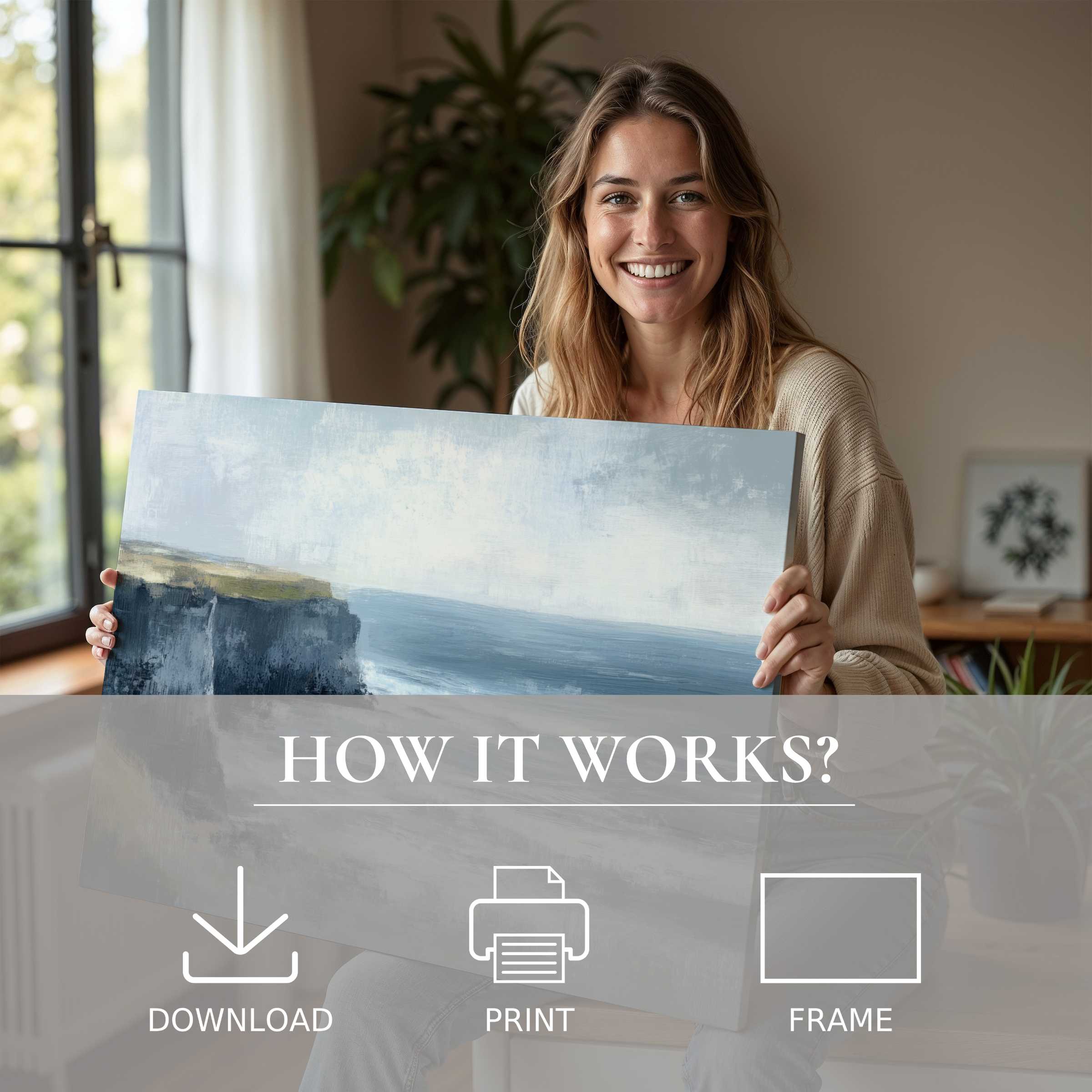 Smiling woman sharing a tranquil summer digital art print that evokes calm and connection in a chic, modern home