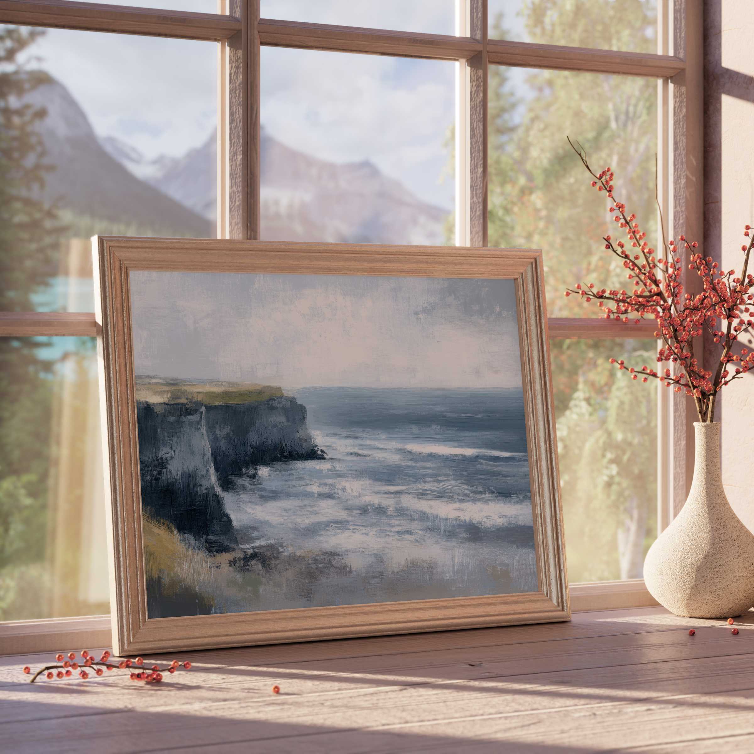 Summer downloadable art featuring serene coastal cliffs and gentle waves, perfect for curated, tranquil interiors with a modern, elegant touch