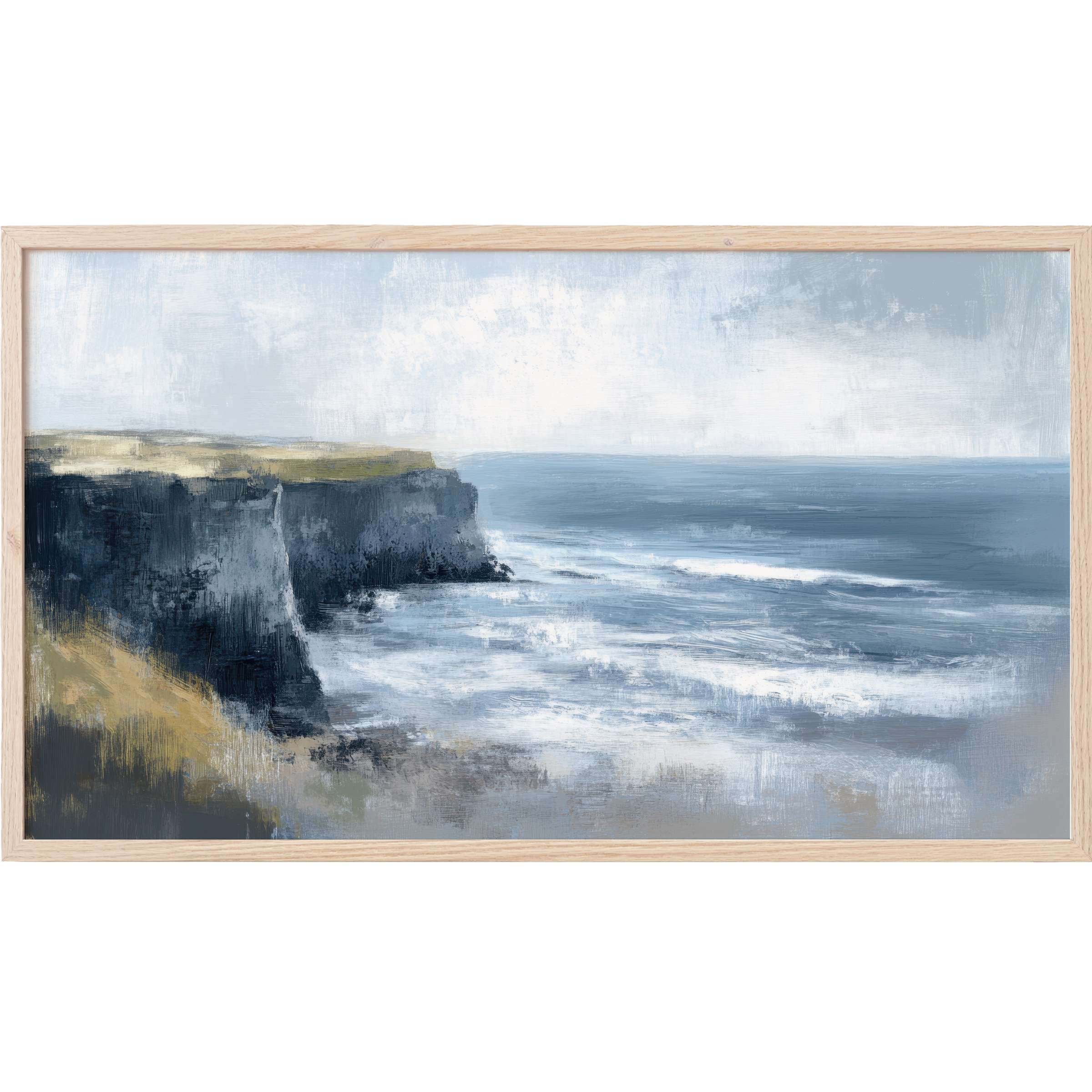 Serene coastal cliffs in muted blues and earthy tones, capturing calm waves - elegant summer Frame TV Art