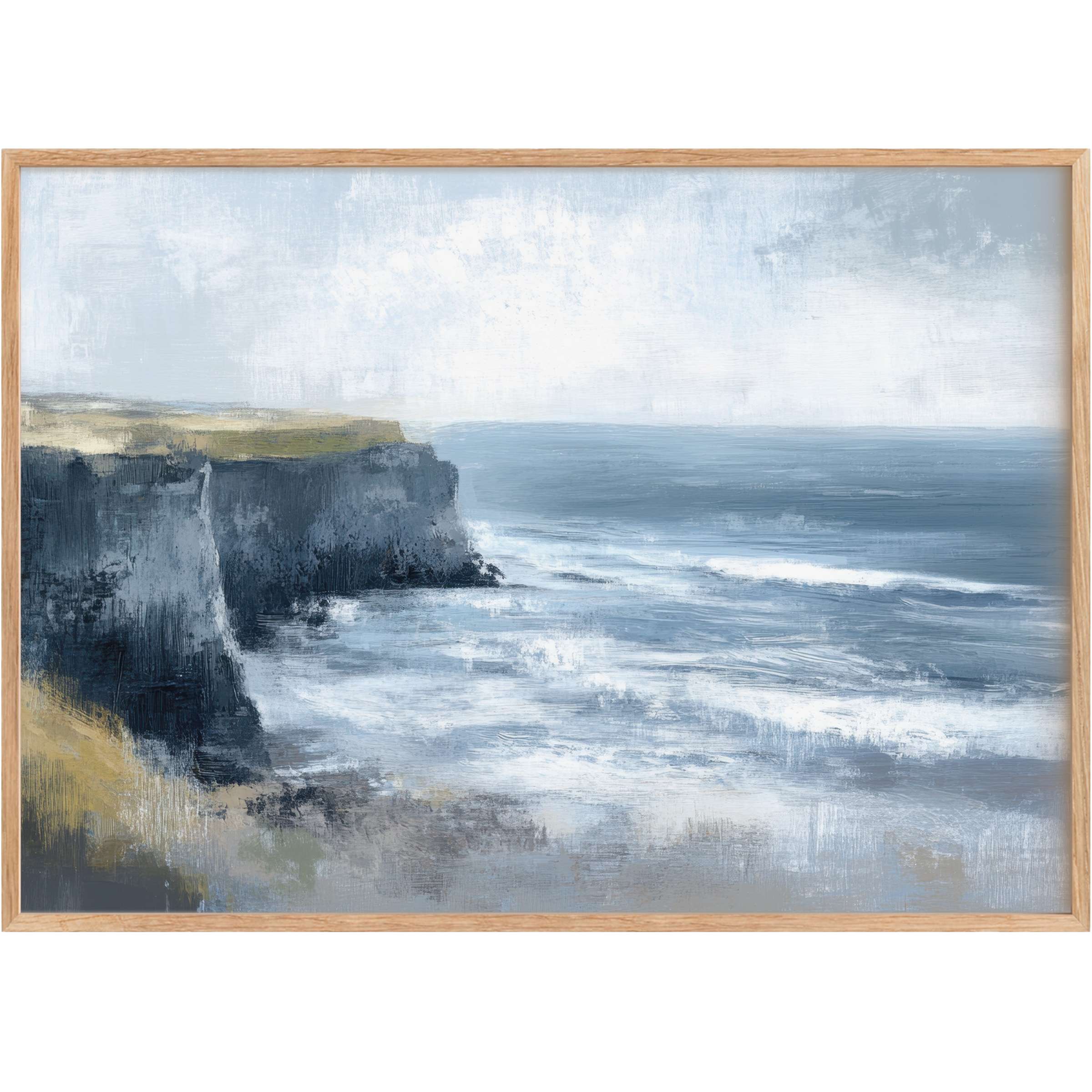 Serene coastal cliffs bathed in soft blues and muted greens evoke tranquility and depth in this summer printable wall art