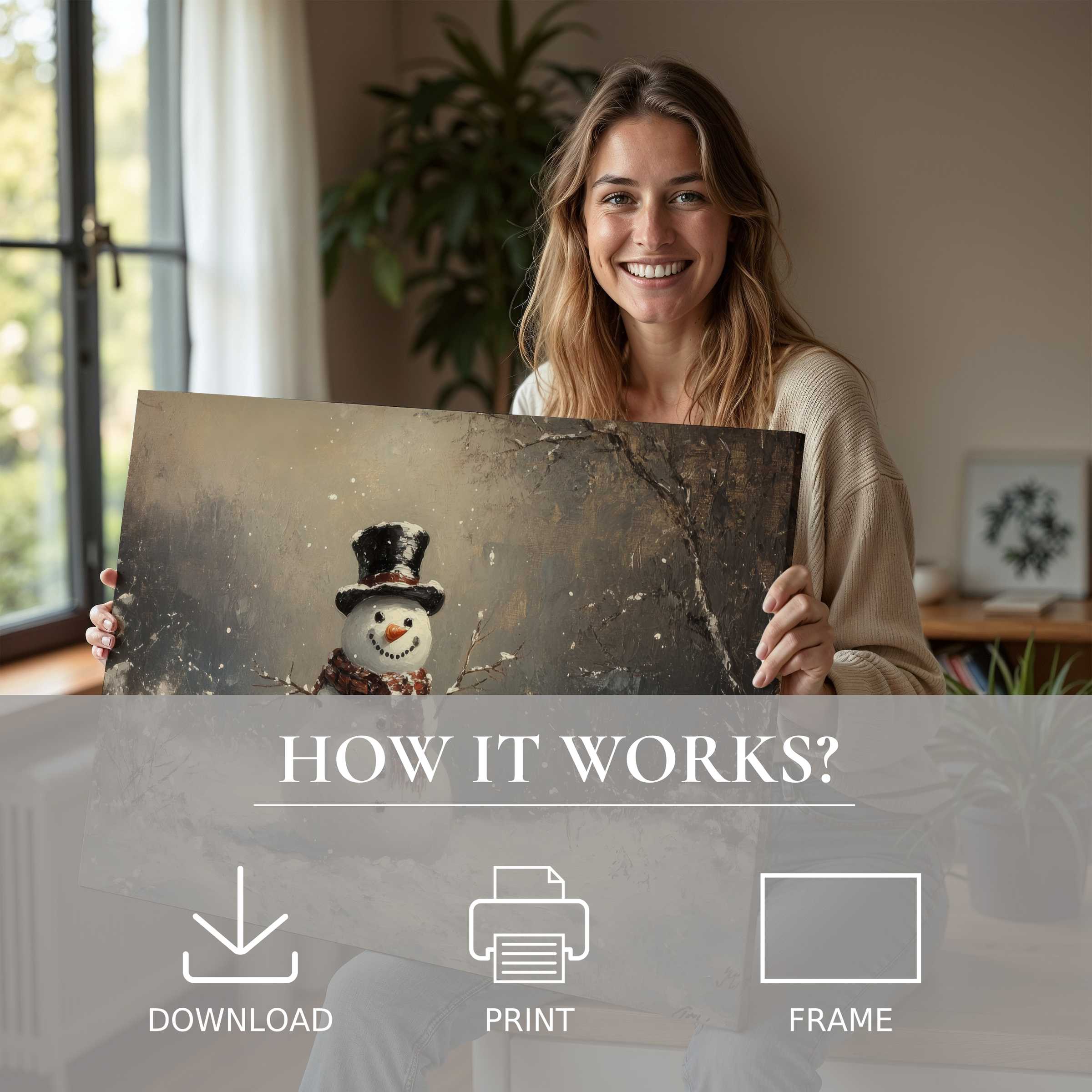 A joyful woman in a stylish home radiates warmth holding a Christmas digital art print capturing serene holiday charm