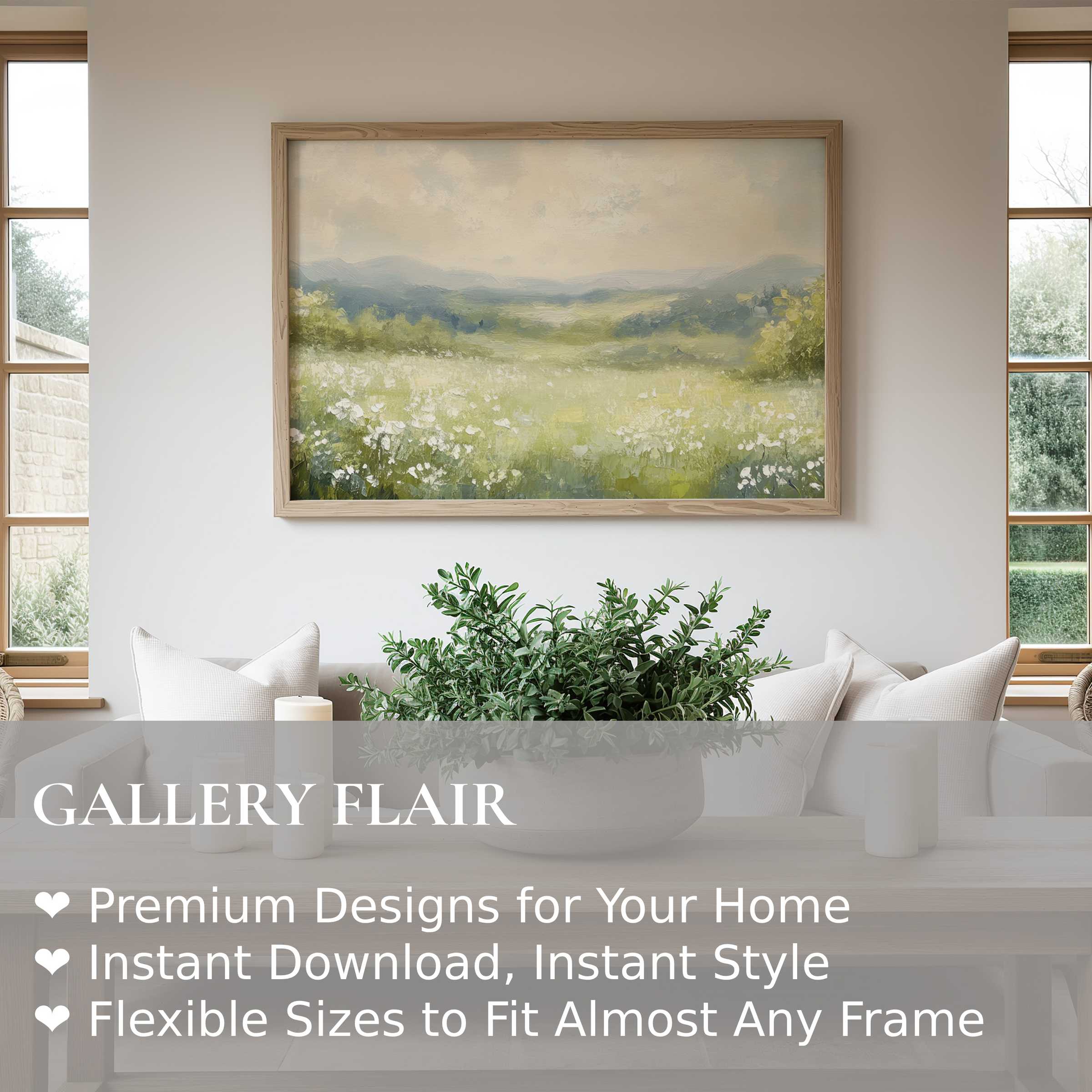 Soft, calming spring wall art print of misty meadow landscape, enhancing serene modern farmhouse interiors with natural warmth and elegance