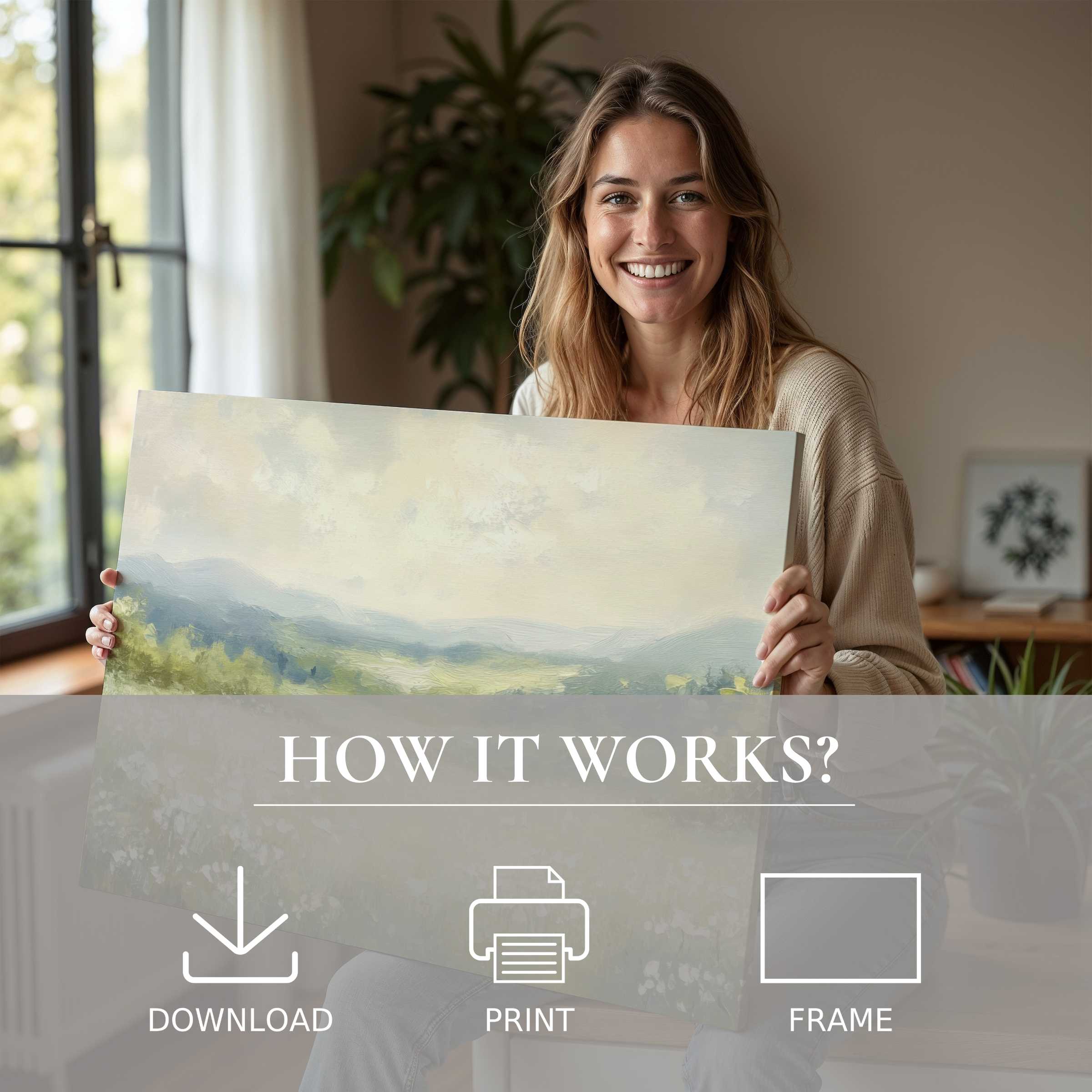 Radiant spring digital art print held by a joyful woman in a stylish home, embodying effortless artful living