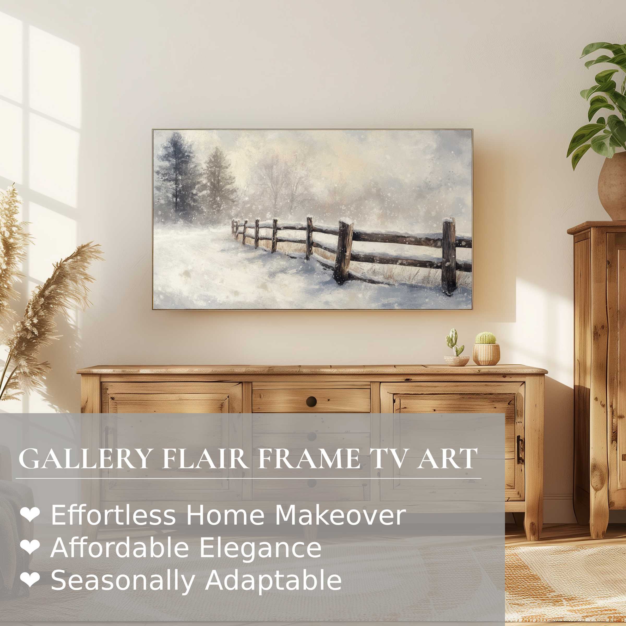 Modern winter digital artwork of snowy fence displayed on Samsung Frame TV in warm, elegant living space