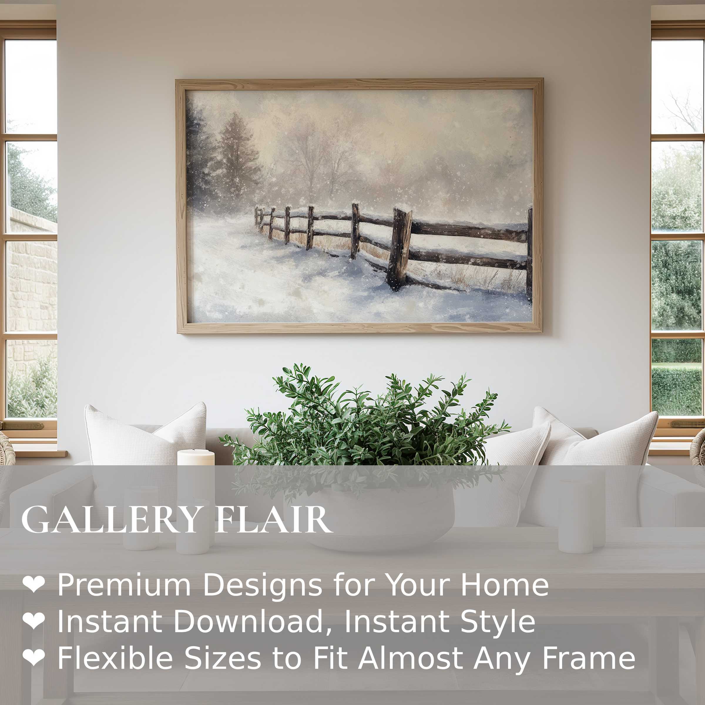 Winter wall art print capturing a serene snowy landscape with rustic fence, enhancing modern farmhouse interiors with soft, calming elegance