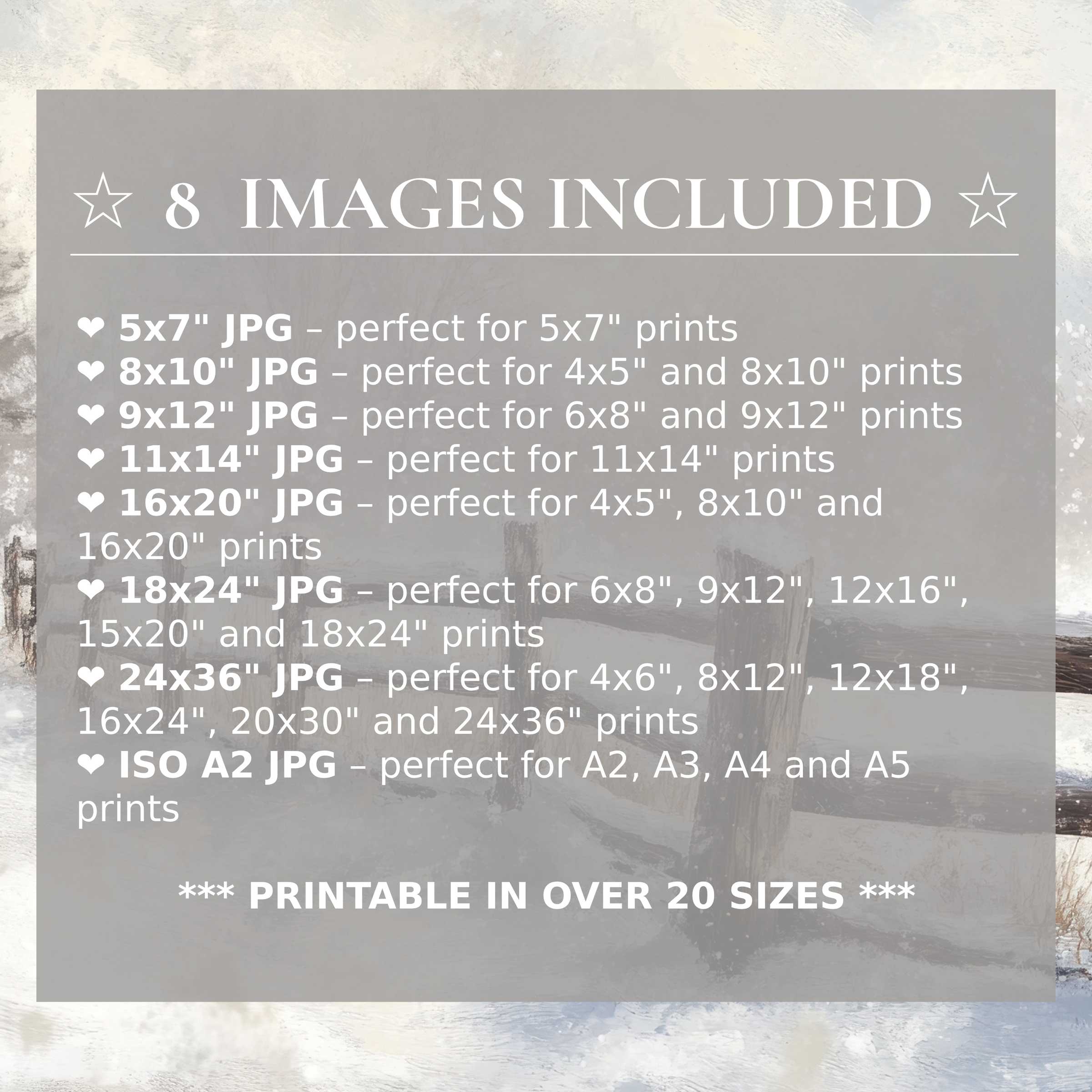 Winter digital print exudes radiant calm through soft greys and whites, elevating modern interiors with 8 included sizes for versatile, stylish décor