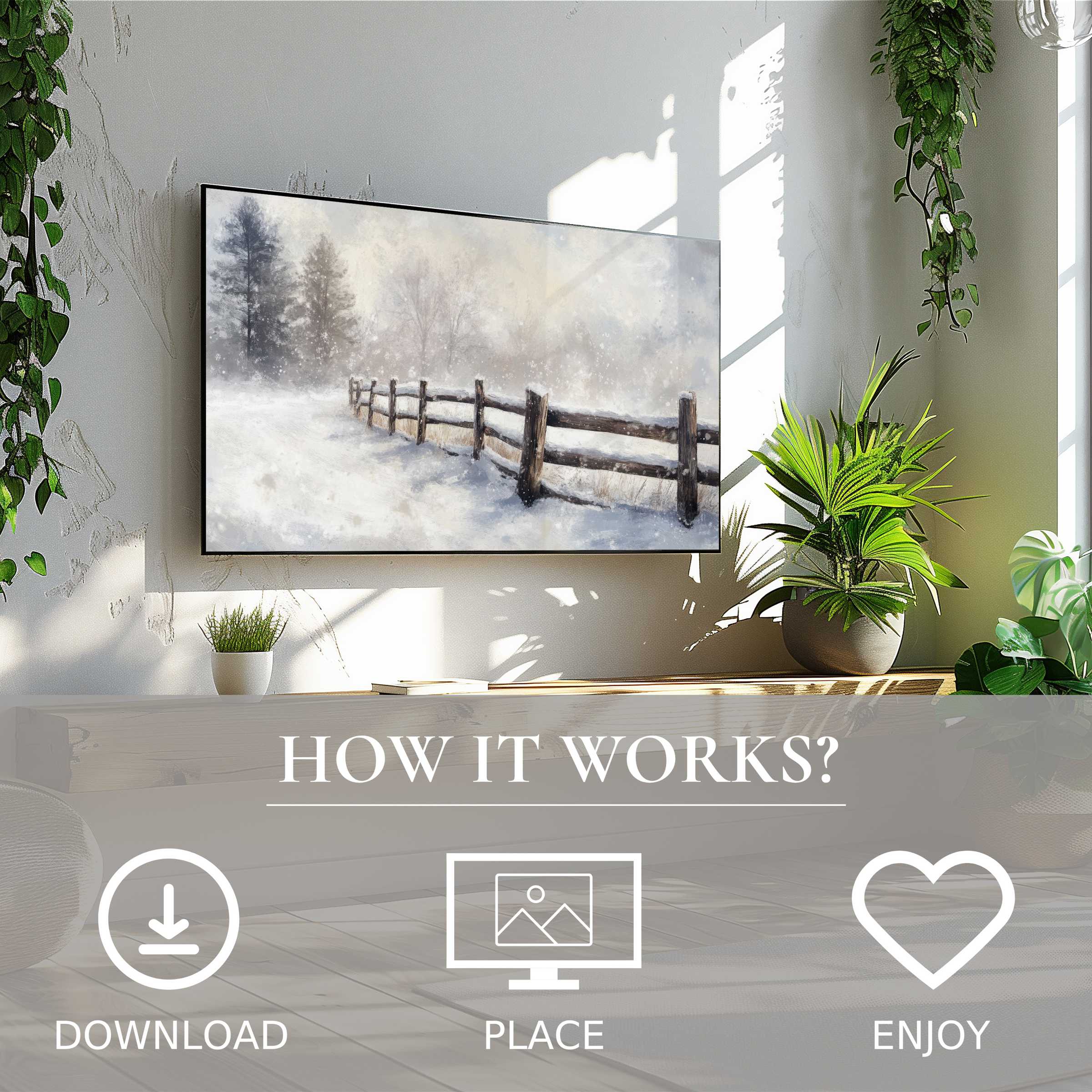Winter art for Samsung TV shows a serene snowy fence motif, easy digital download enriches modern living rooms