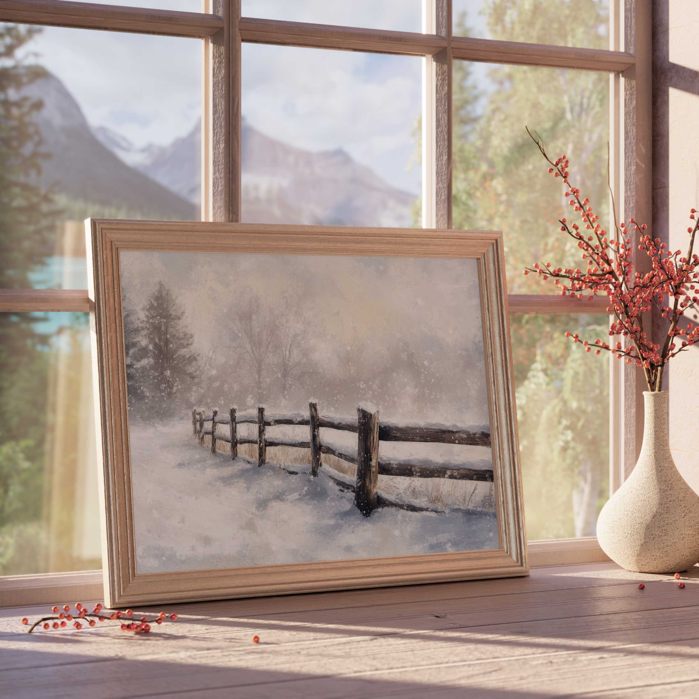 Winter downloadable art depicting a serene snow-covered fence in soft snowfall, enriching tranquil, curated interiors with refined rustic elegance