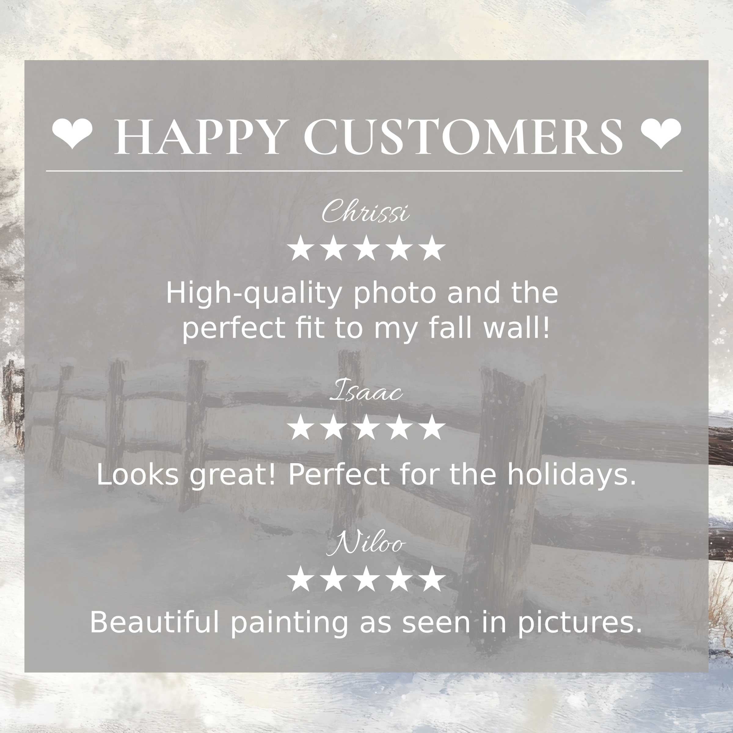 Winter art for Frame TV with serene snowy fence background, showcasing happy customer reviews and elegant style
