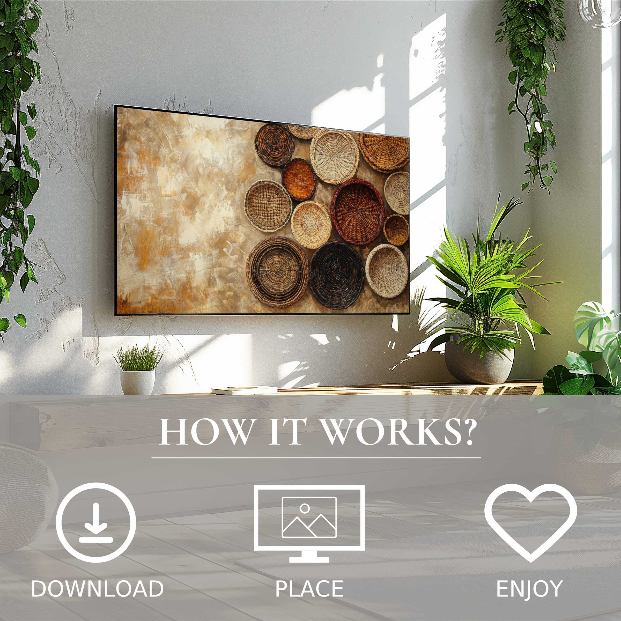 Boho art for Samsung TV shows warm woven baskets motif, easy digital download enriches bright, modern, plant-filled living space