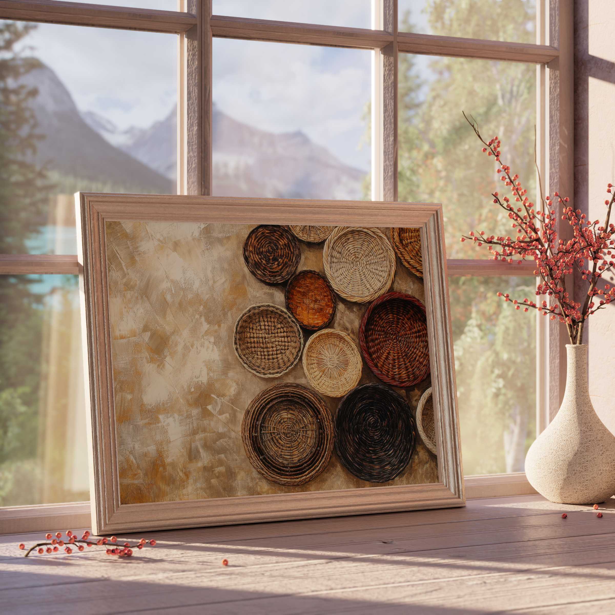 Boho downloadable art featuring textured woven baskets in warm earthy tones, enhancing tranquil, curated interiors with timeless elegance