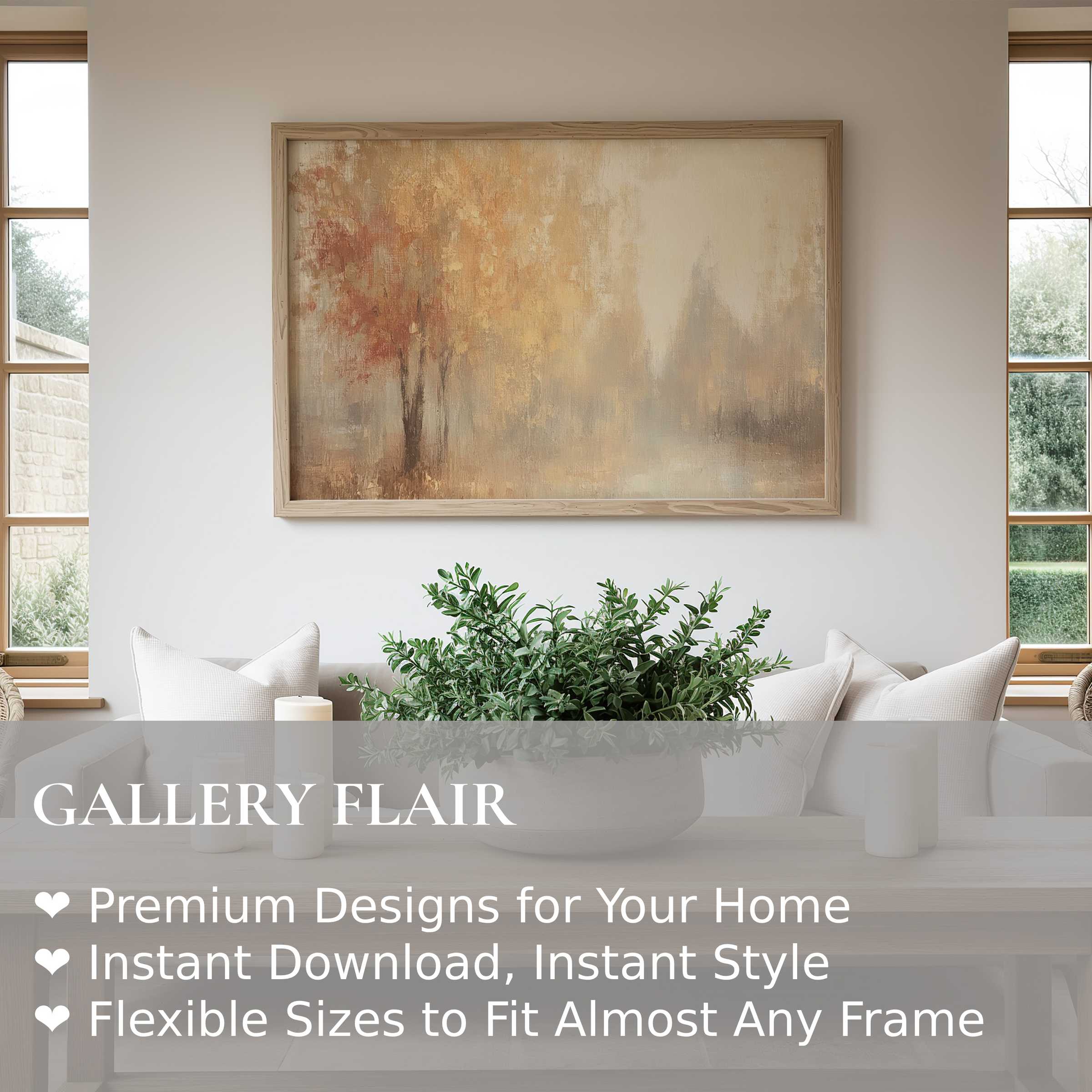 Fall wall art print featuring soft, radiant autumn trees in warm earth tones, enhancing modern minimalist living spaces with calming elegance