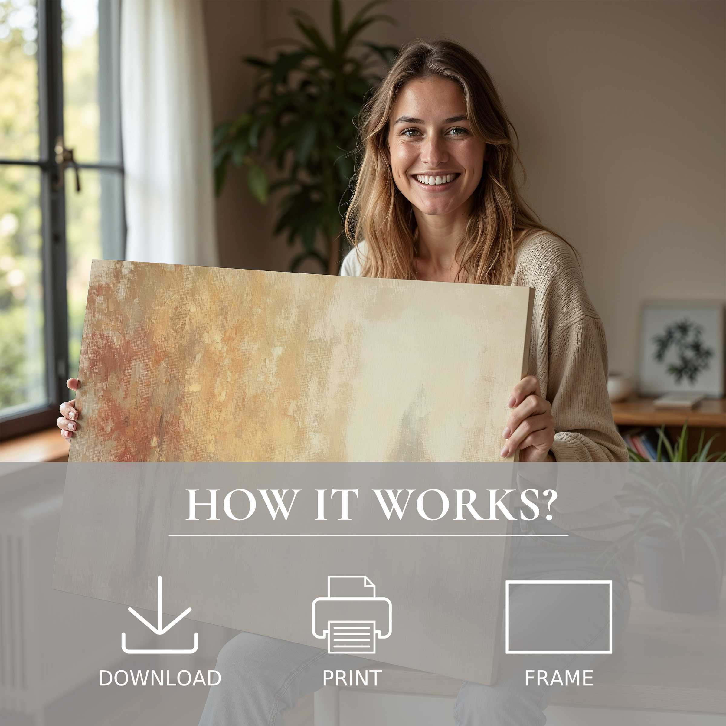 Warm fall digital art print radiates calm joy in a modern home, celebrating the effortless beauty of living with art
