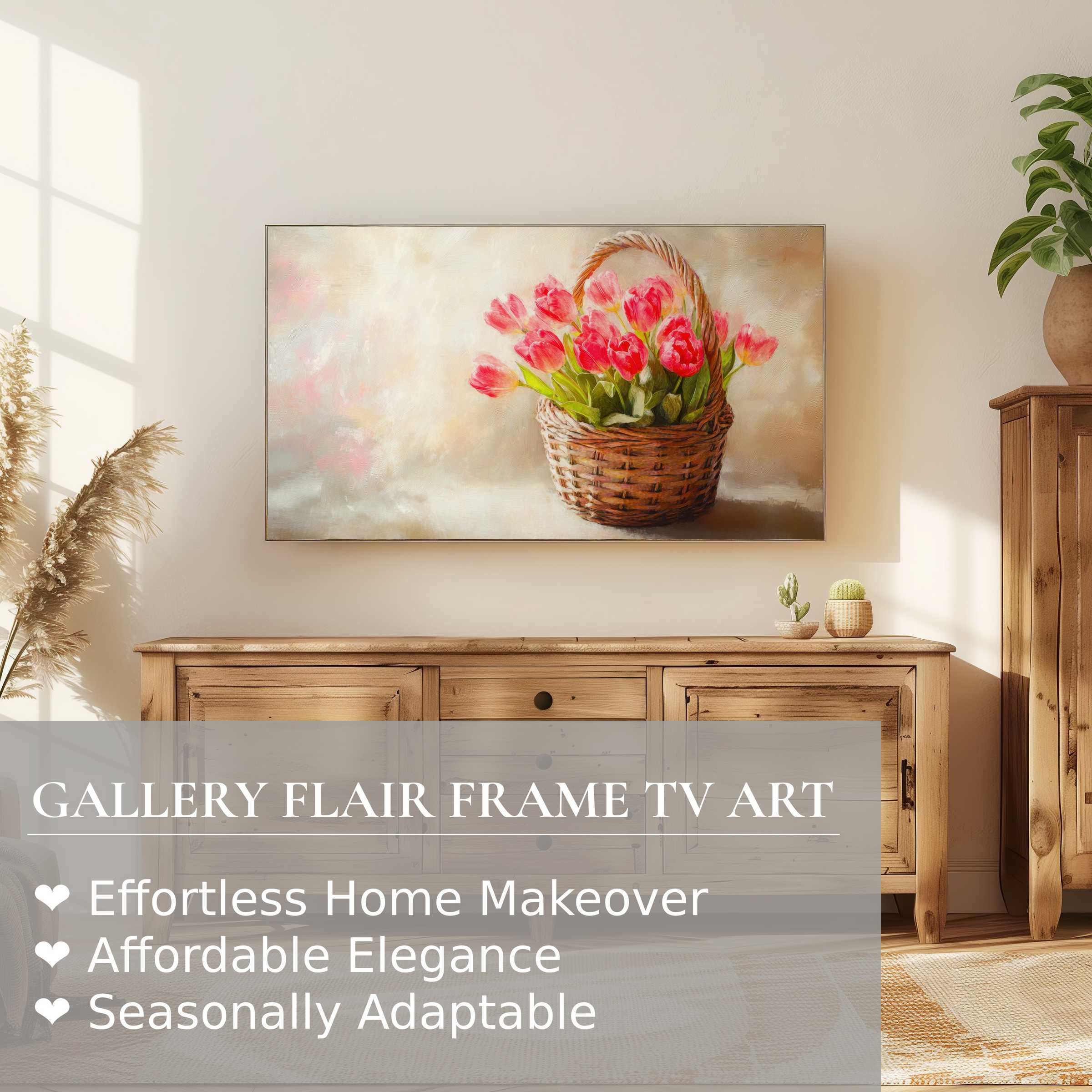 Samsung Frame TV displays elegant easter digital artwork of tulips in a basket, enhancing refined, modern home decor