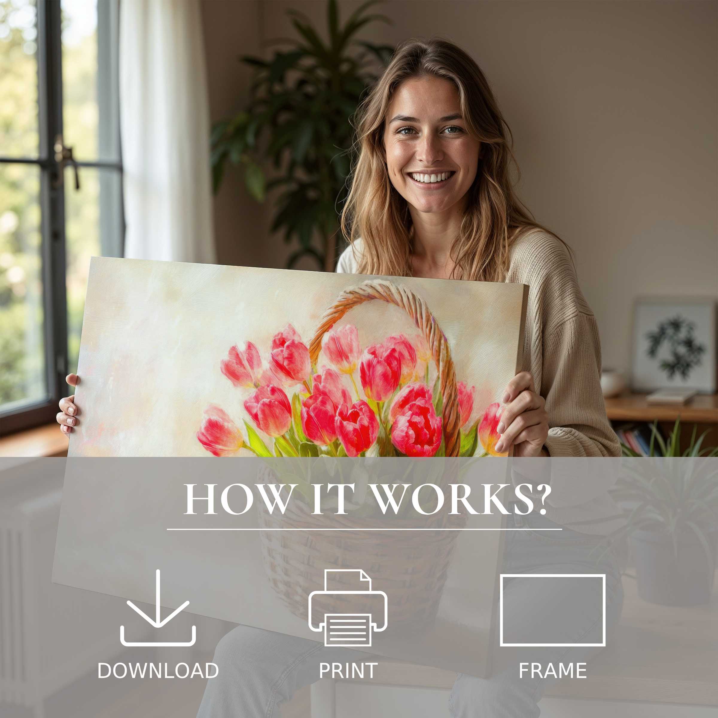 Bright Easter digital art print held by a woman in a serene, stylish home, evoking joy and effortless elegance