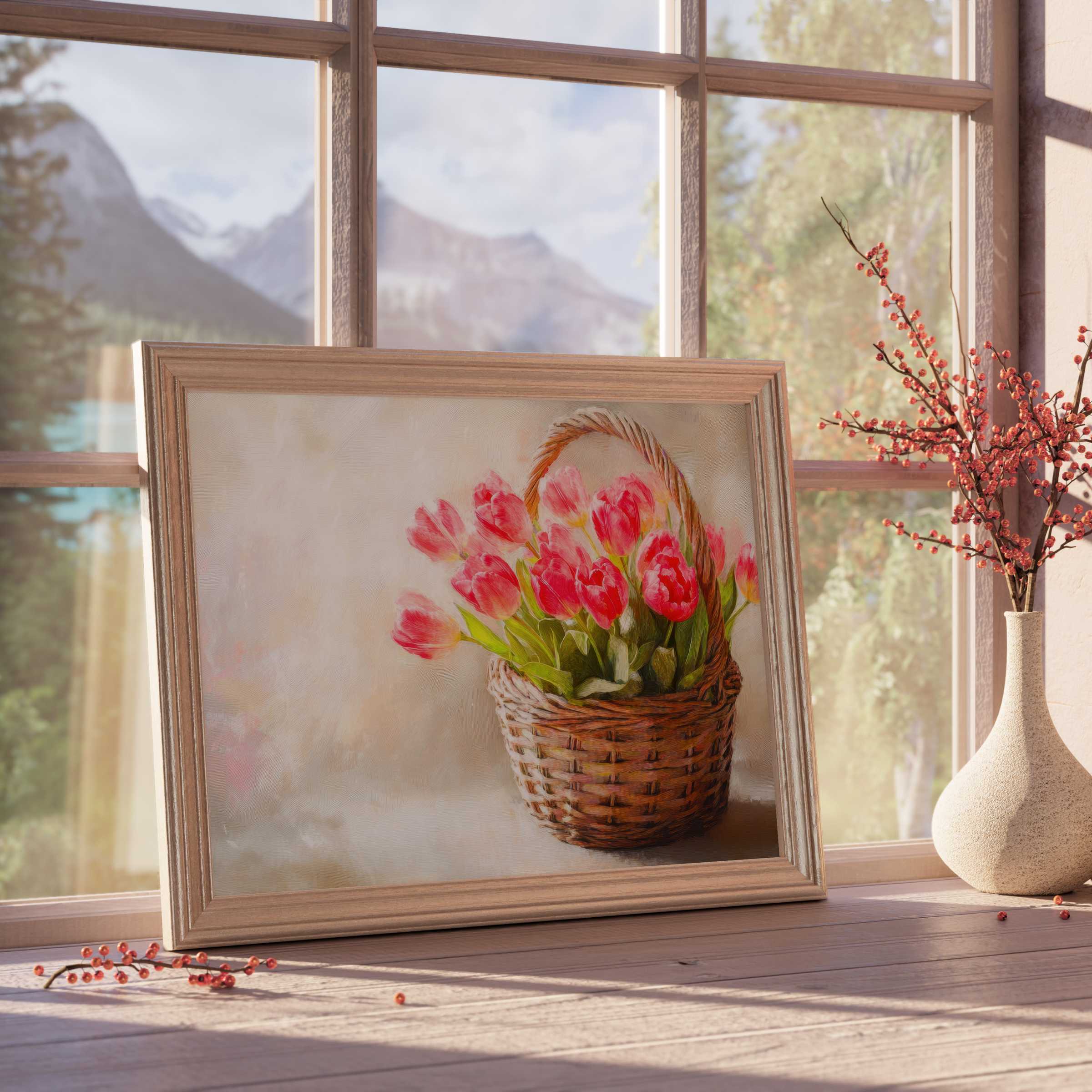 Elegant easter downloadable art featuring vibrant tulips in a wicker basket, radiating calm and curated charm for stylish interiors