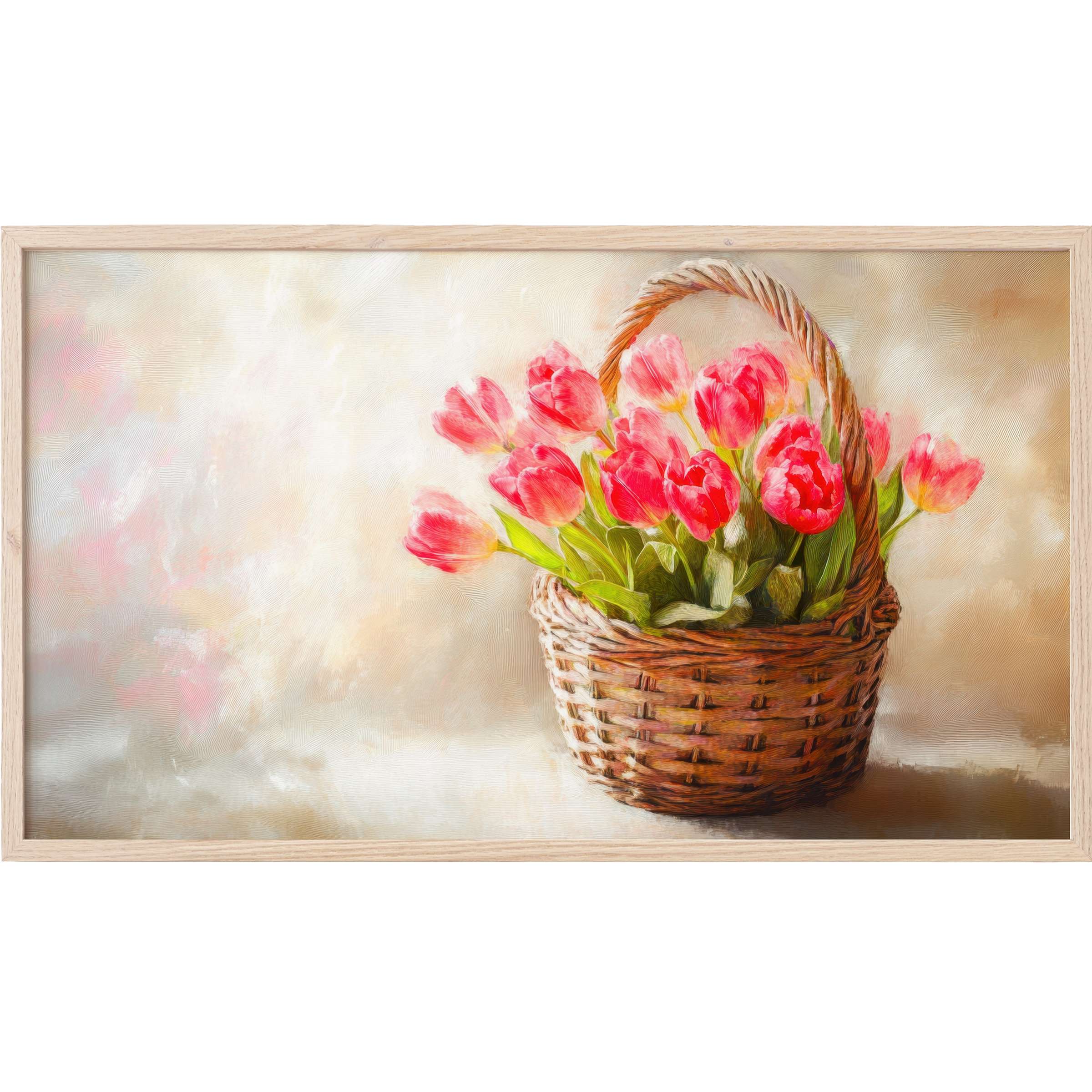 Elegant easter Frame TV Art with vibrant pink tulips in a rustic basket, soft pastel background, modern charm