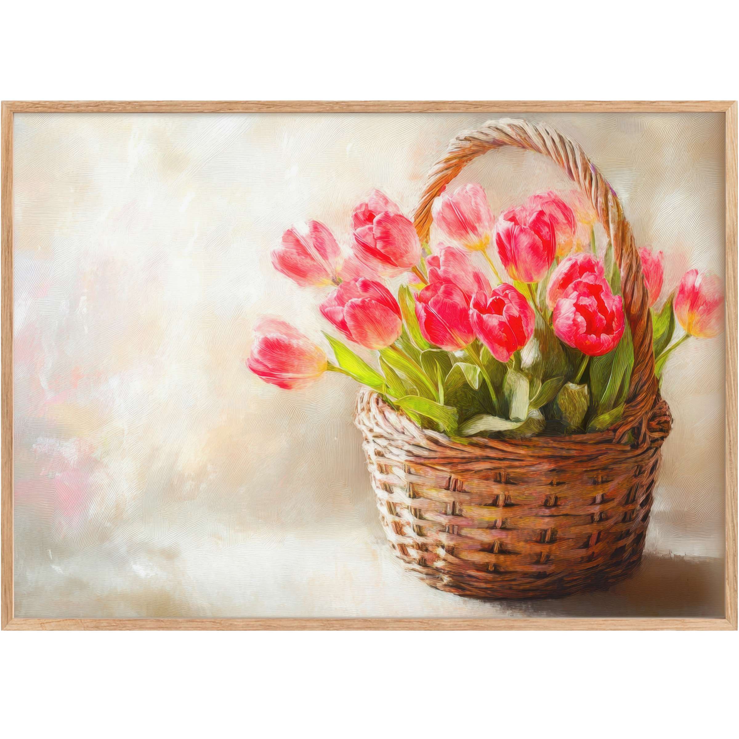 Elegant easter printable wall art featuring vibrant pink tulips in a rustic basket, radiating warmth and springtime charm