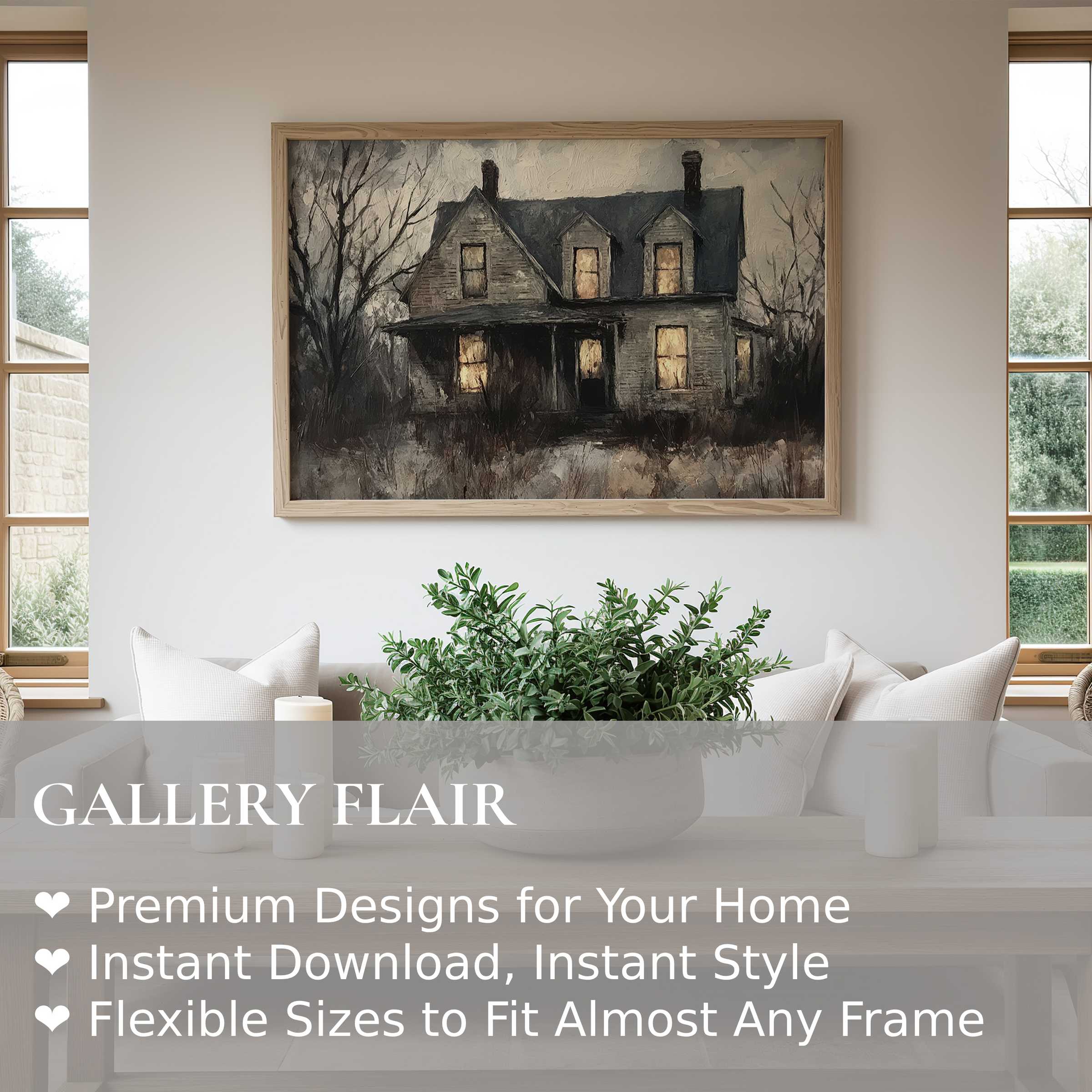 Hauntingly atmospheric halloween wall art print depicting an eerie Victorian house with glowing windows, adding bold vintage charm to modern rustic interiors