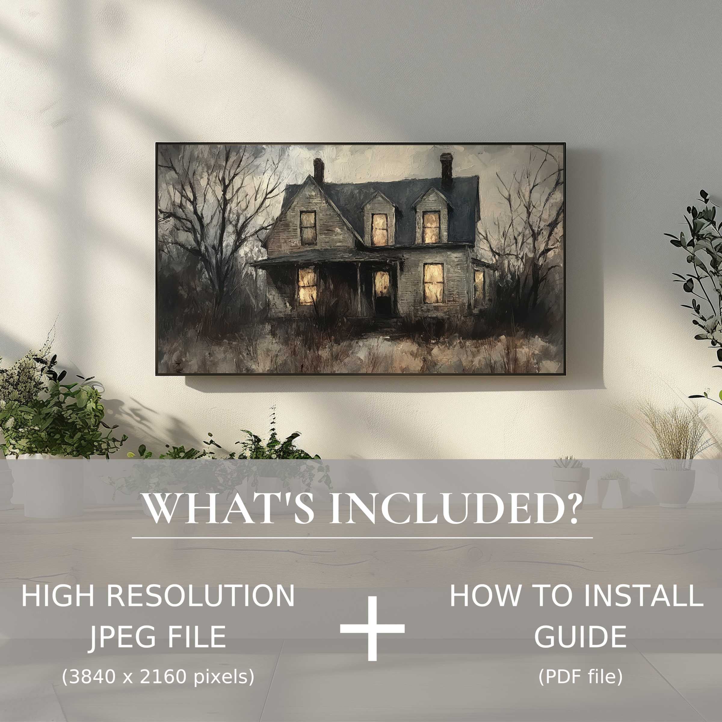 Elegant Halloween digital TV art download of a haunted house, effortlessly enhancing modern living spaces with easy digital use