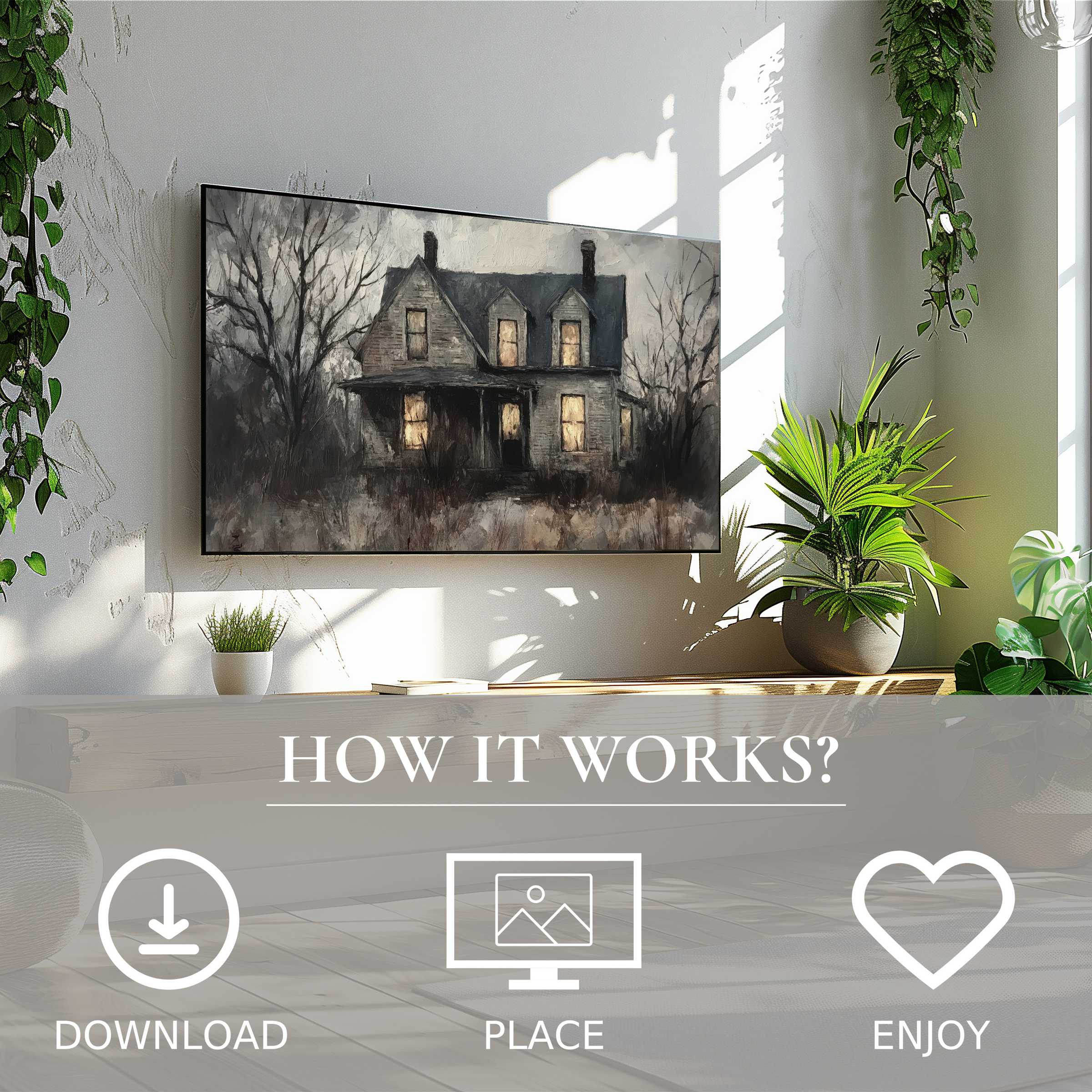 Halloween art for Samsung TV shows a haunted house in muted tones; easy digital download enriches modern living spaces