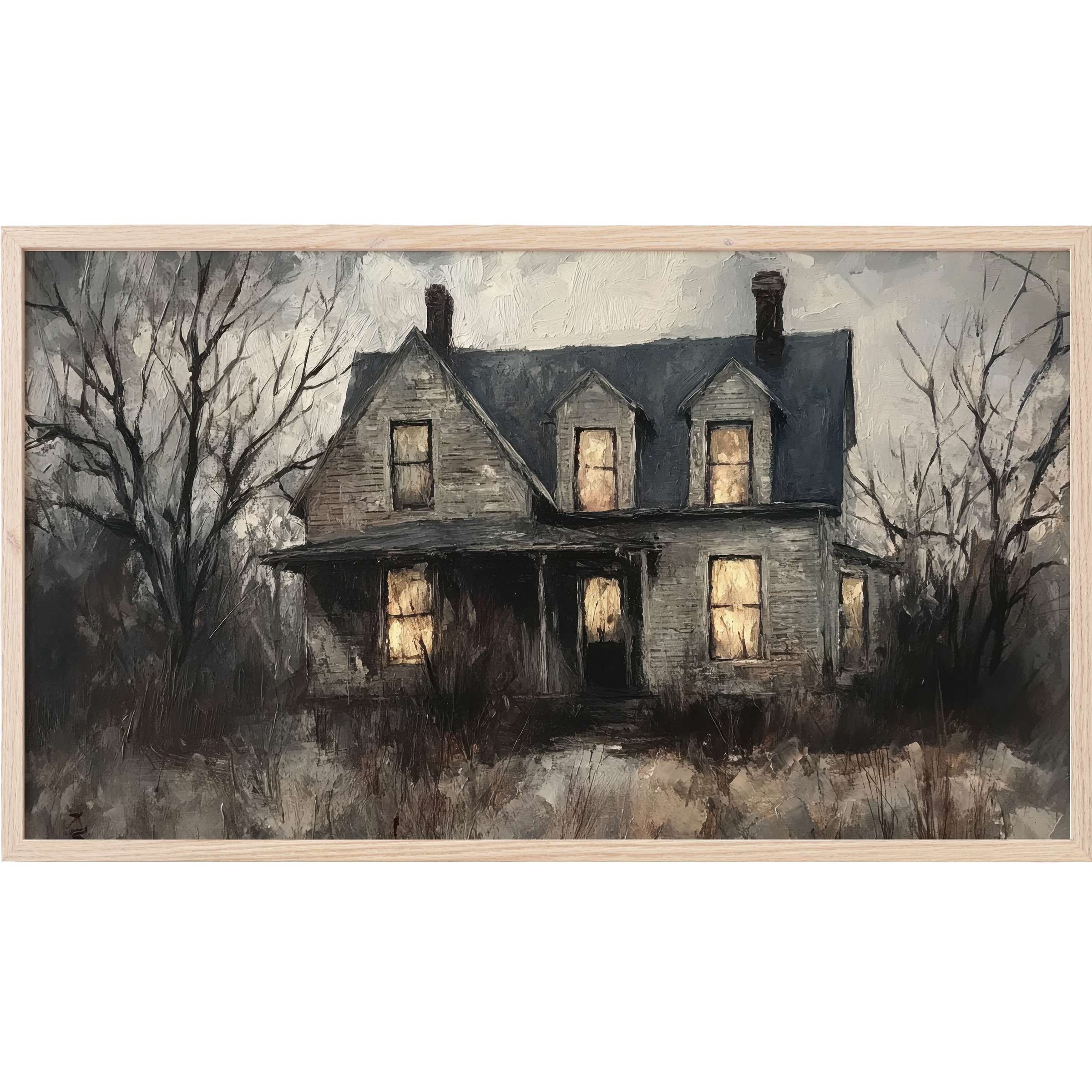 Haunting gray farmhouse with glowing windows amid bare trees, textured brushstrokes evoke mood and mystery, halloween Frame TV Art