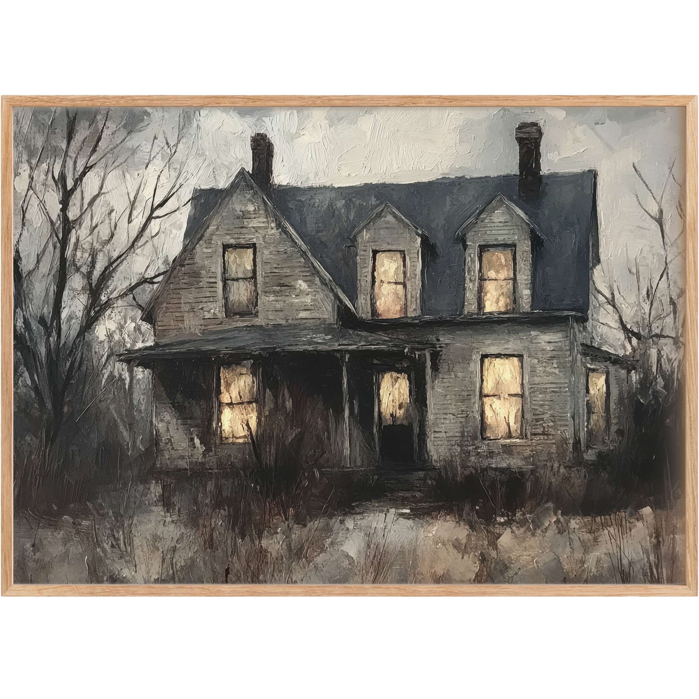 Hauntingly elegant Halloween printable wall art featuring a moody, shadowed farmhouse bathed in ghostly greys and warm amber glows, evoking mysterious autumn nights