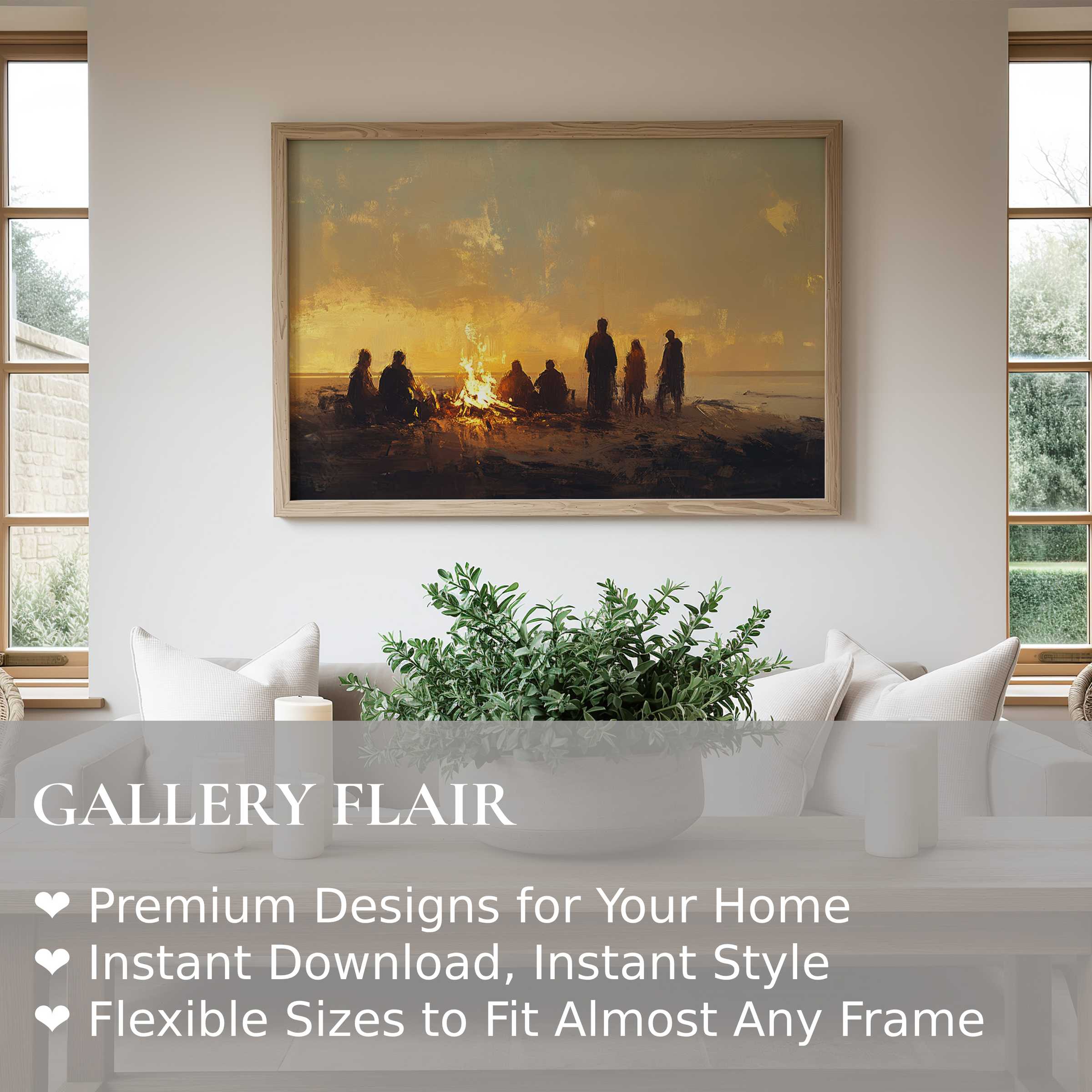 Beach wall art print capturing a serene bonfire by the shore, radiating warm, calming ambiance in a modern minimalist living room