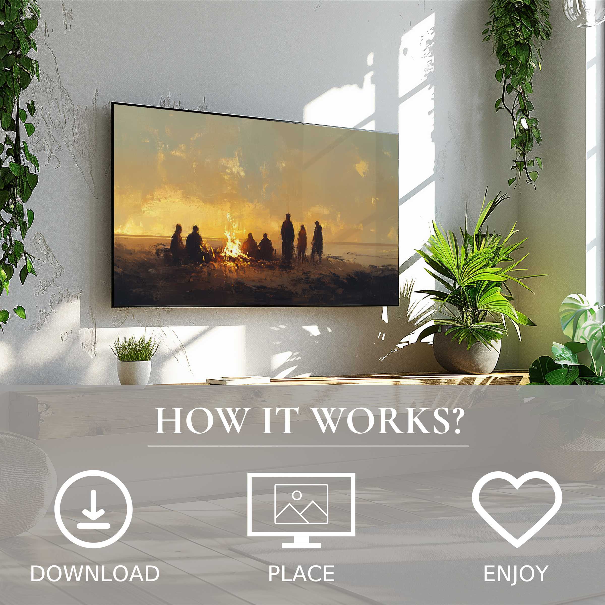 Modern living room with beach art for Samsung TV showing warm bonfire glow; simple digital download enriches space