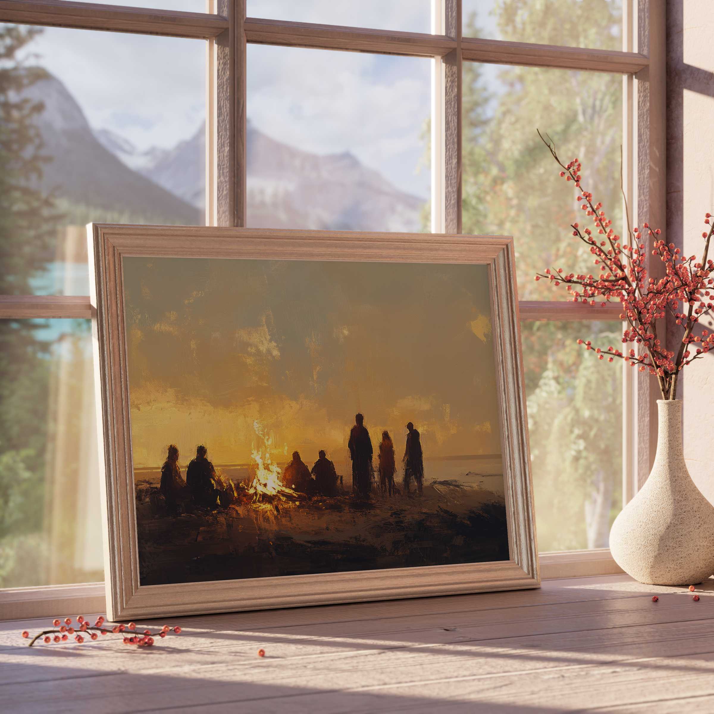 Beach downloadable art capturing a warm, tranquil bonfire scene, perfect for curated, stylish coastal and sunset-inspired interiors